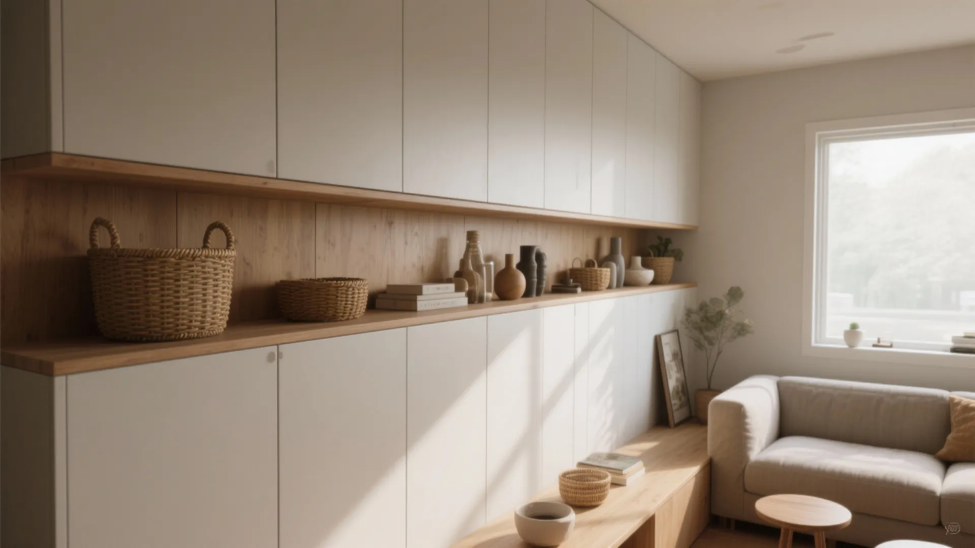 3. Vertical storage with open shelving and concealed cabinets