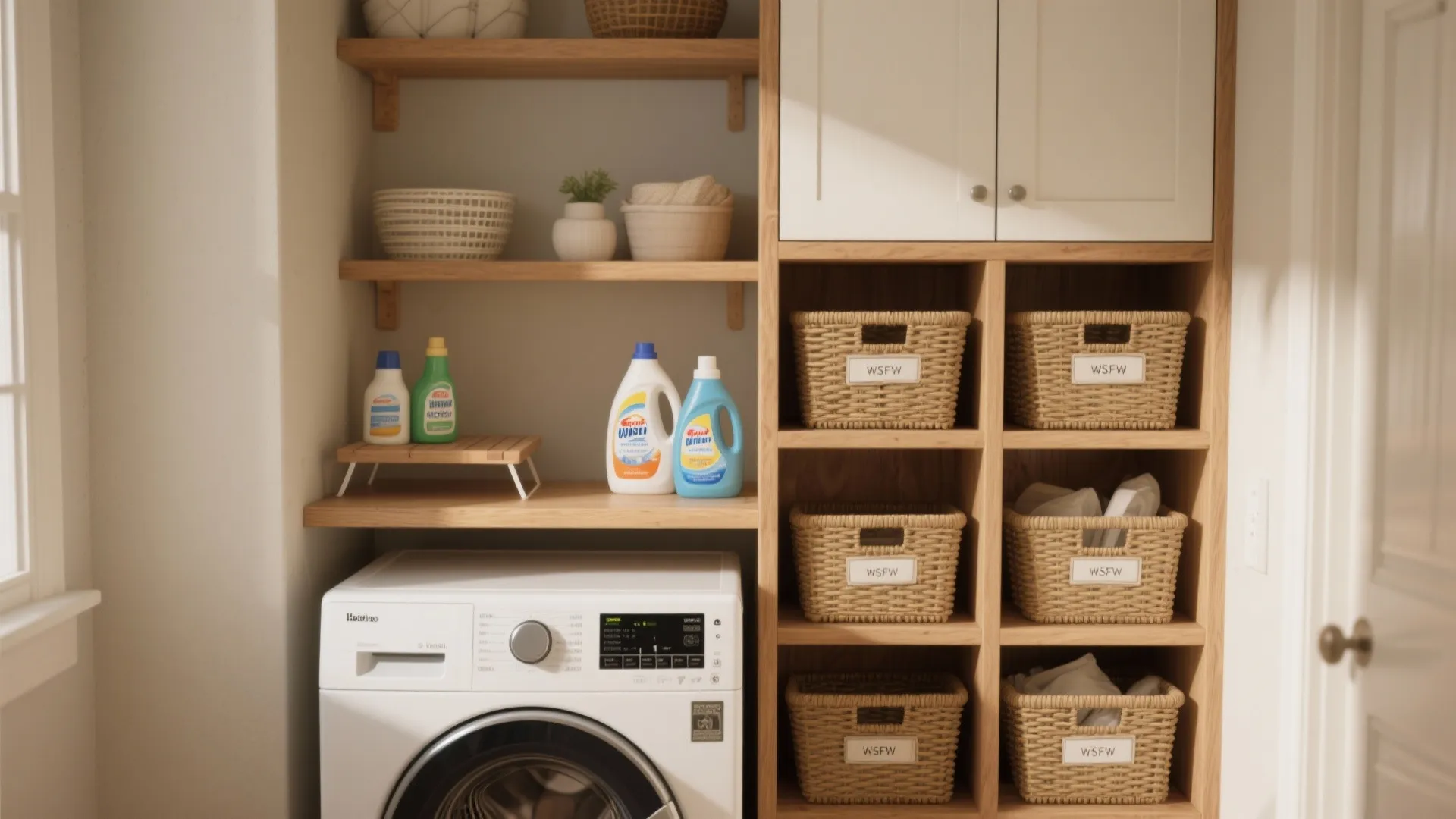 1. Build up: vertical shelving and cubbies above the washer