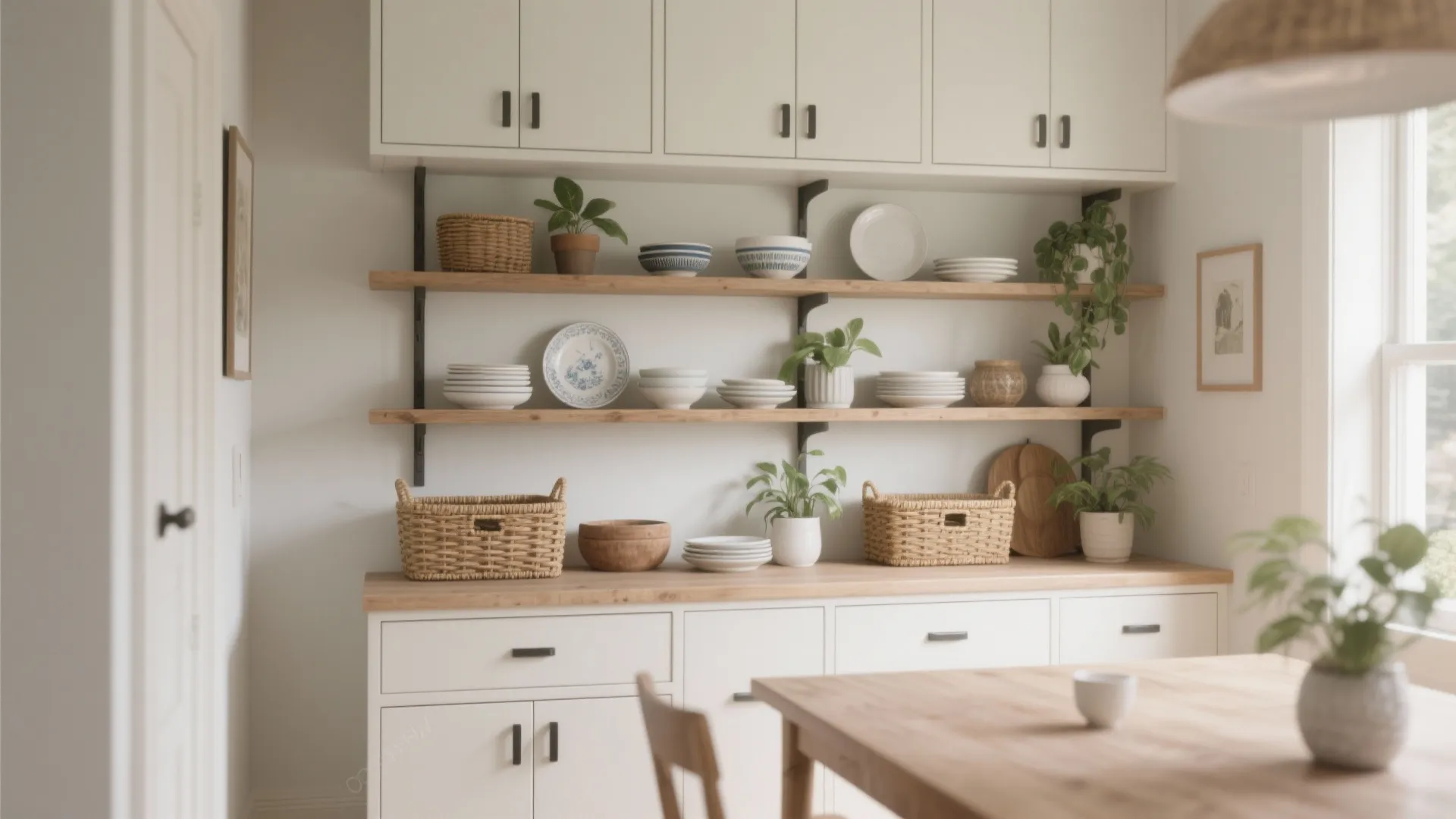 Modern kitchen storage wall with white cabinets, wooden shelves, white plates, and green potted plants