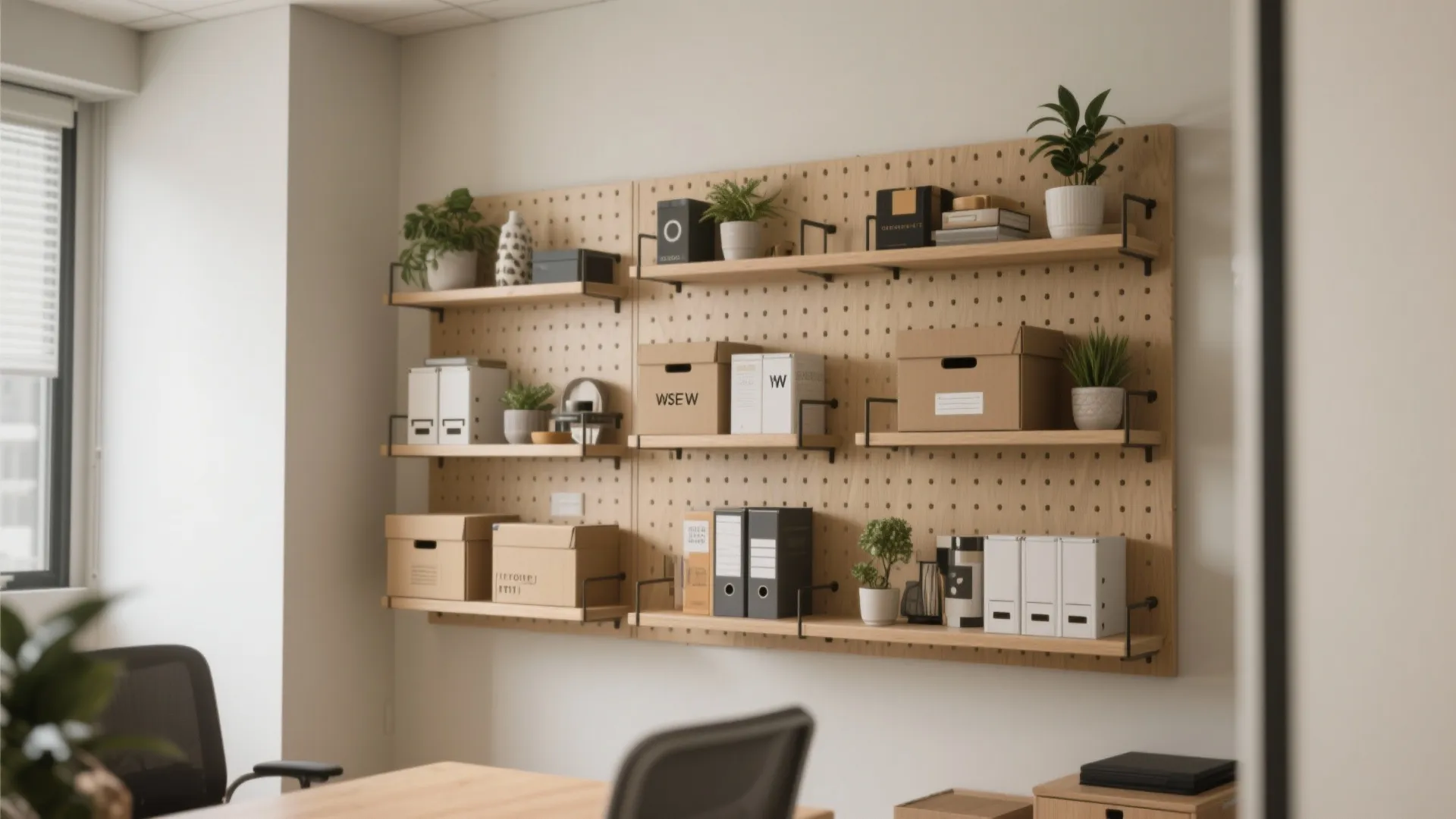 Office wall with wooden pegboard holding storage boxes green plants file folders and various shelves