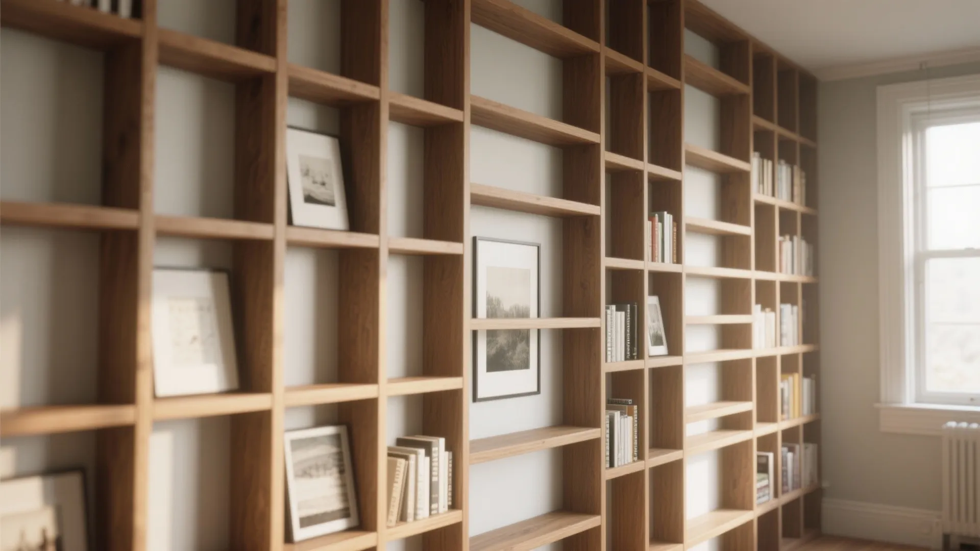 Large wooden floor to ceiling wall shelf with books and framed pictures near a bright window