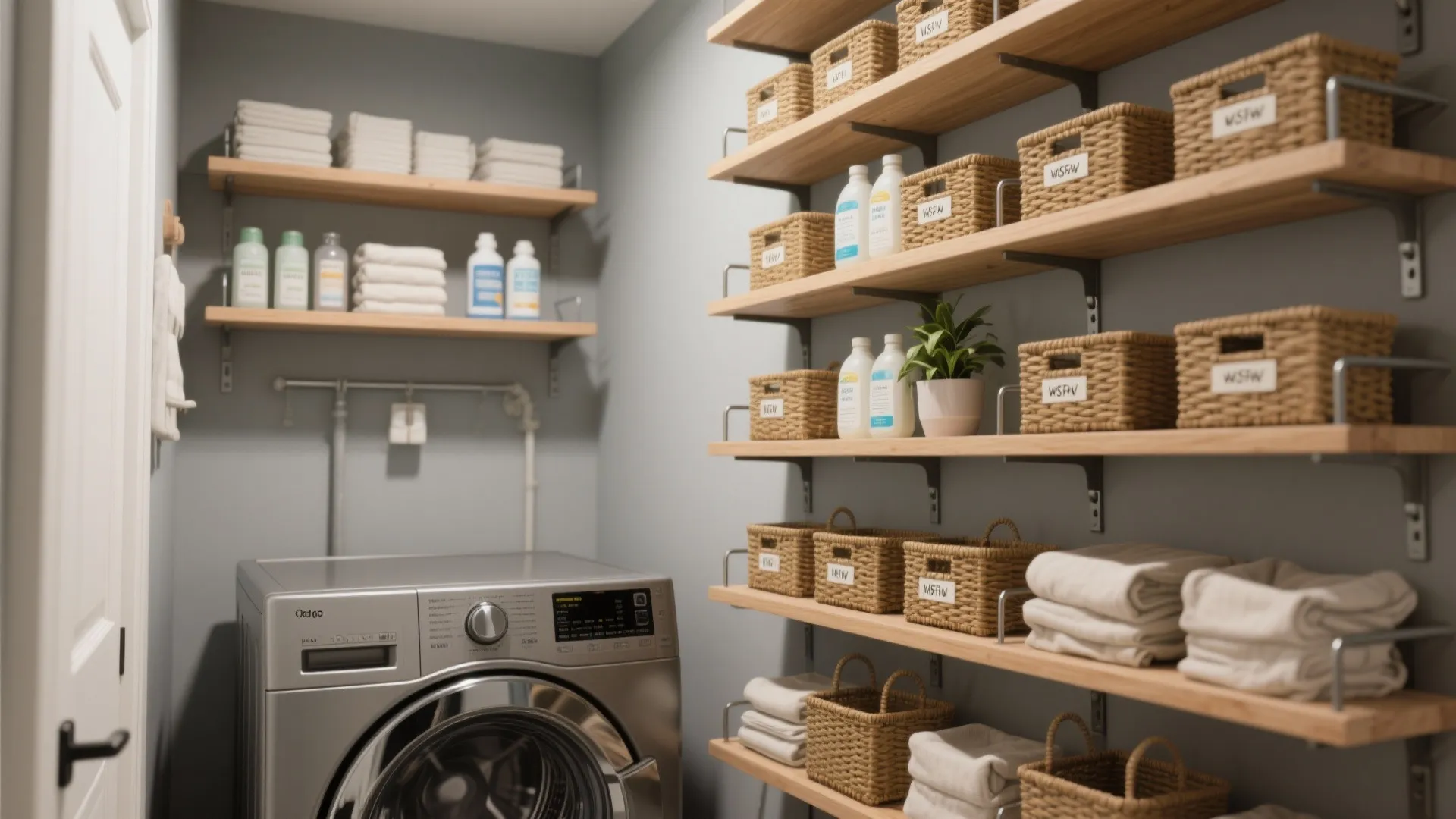 1. Vertical Open Shelves Above the Washer