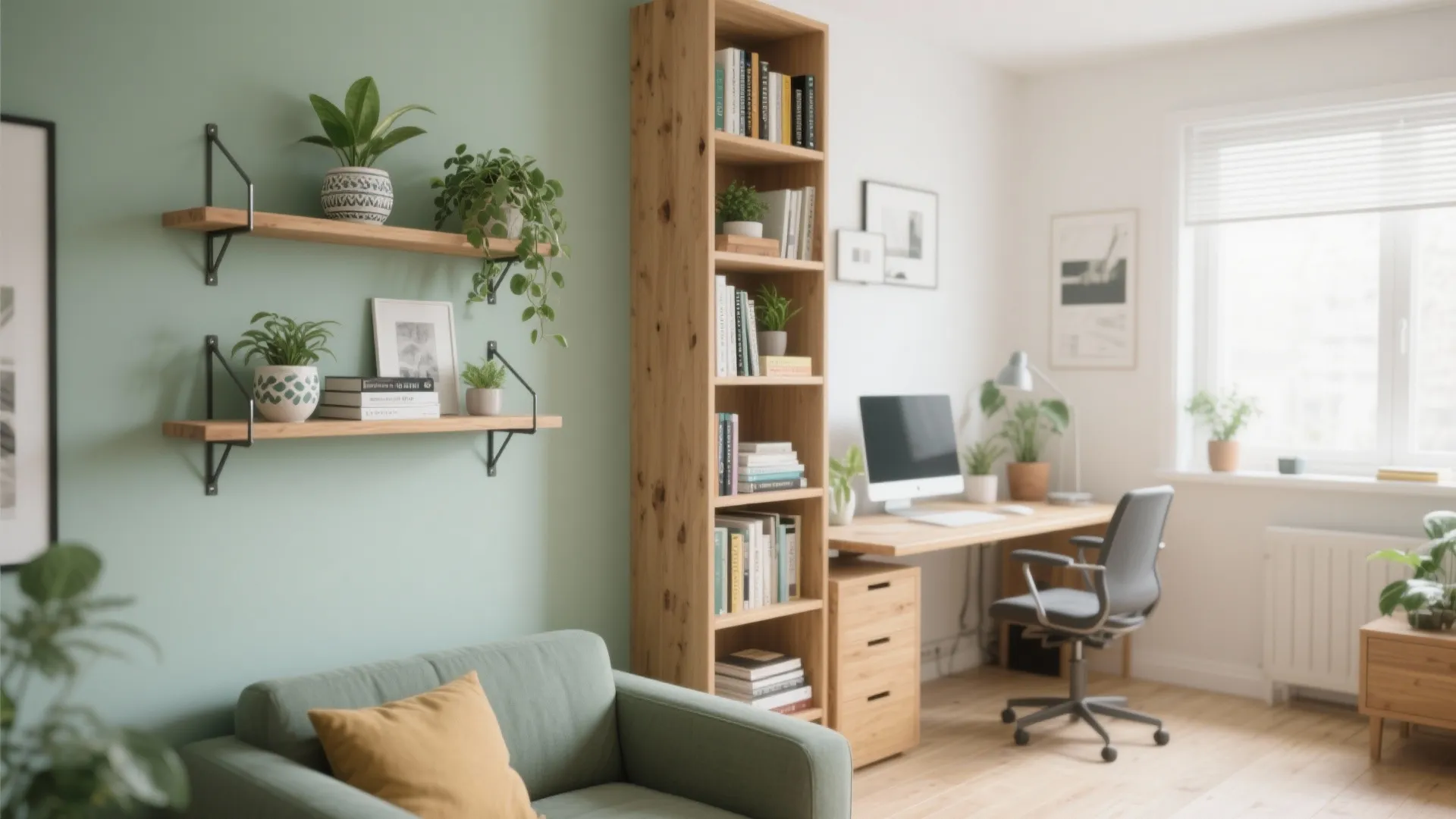 Tall narrow shelving and floating shelves above a sofa in a small apartment, used for storage and plants.