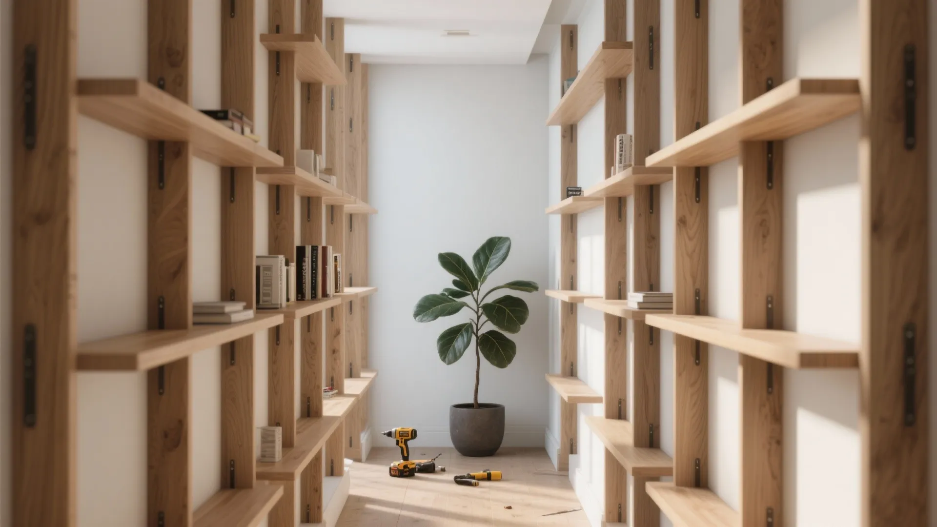 Tall slim wall-mounted shelving and floating ledges in a compact room, with a stud finder and toolkit nearby.