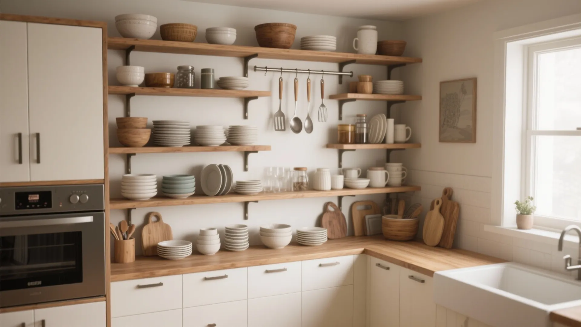 1. Go vertical with open shelving and stacked cabinets