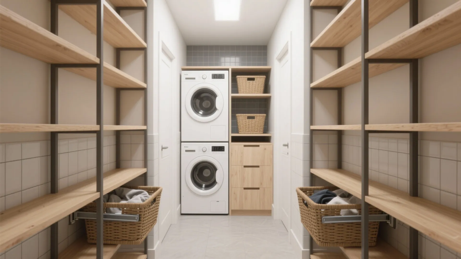 1. Vertical Shelving with Pull-Out Hampers