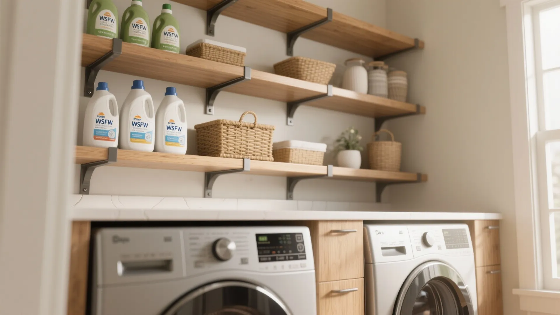 1. Vertical Open Shelves Above the Washer