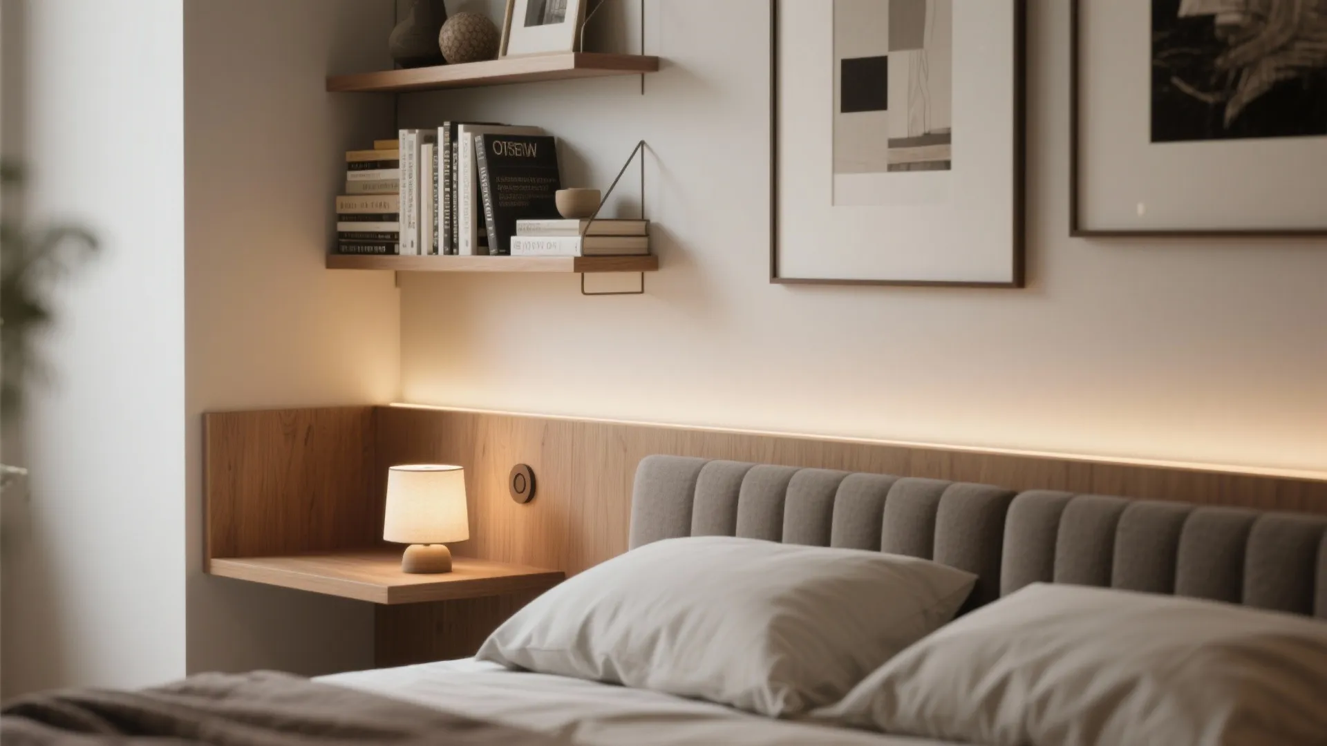 2. Layer vertically: shelves, rails, and a headboard nook