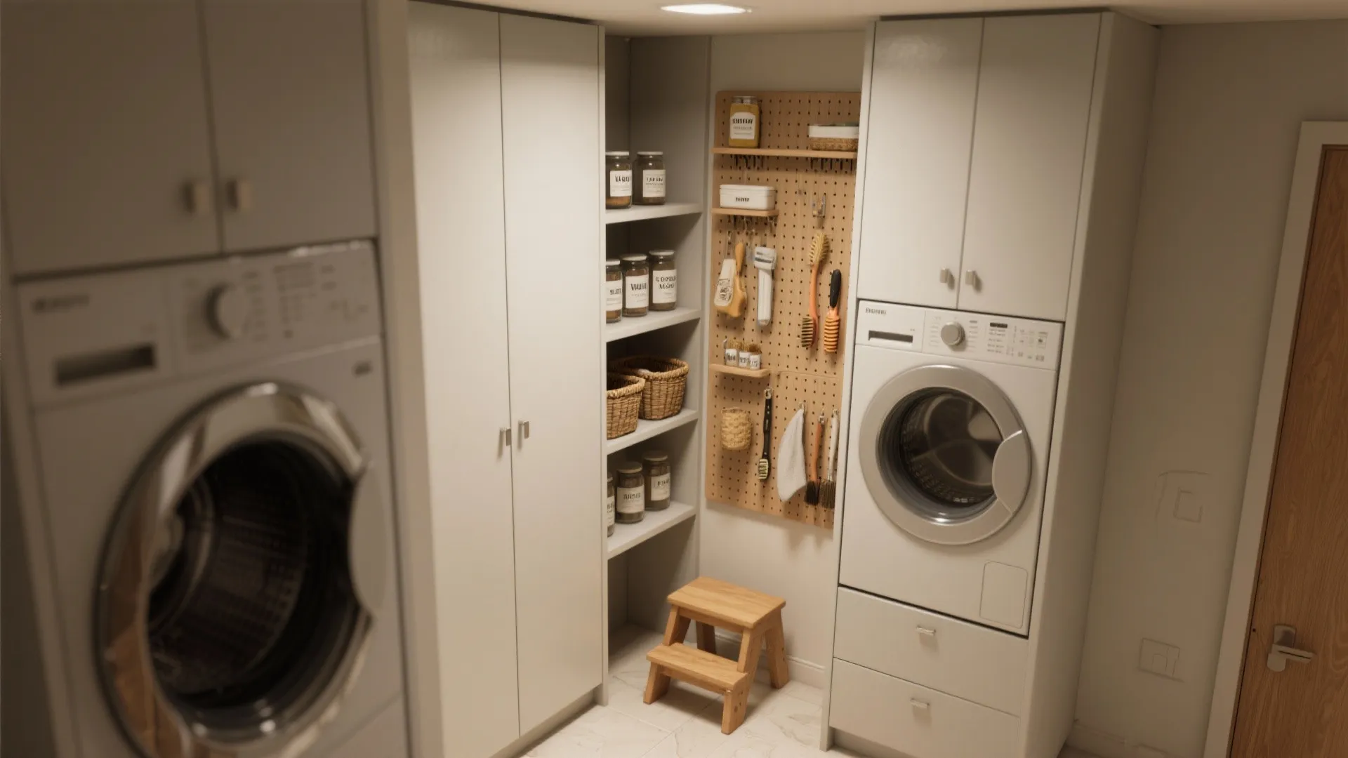 1. Go vertical — shelves, pegboards, and slim cabinets