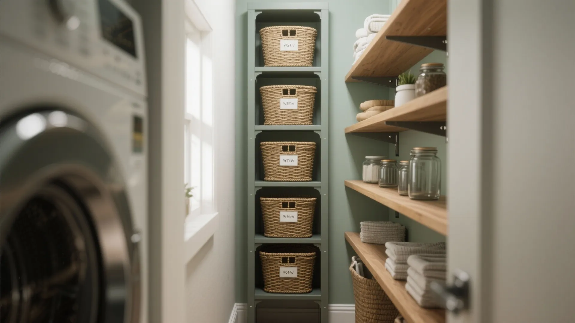 1. Go vertical with open shelving and baskets