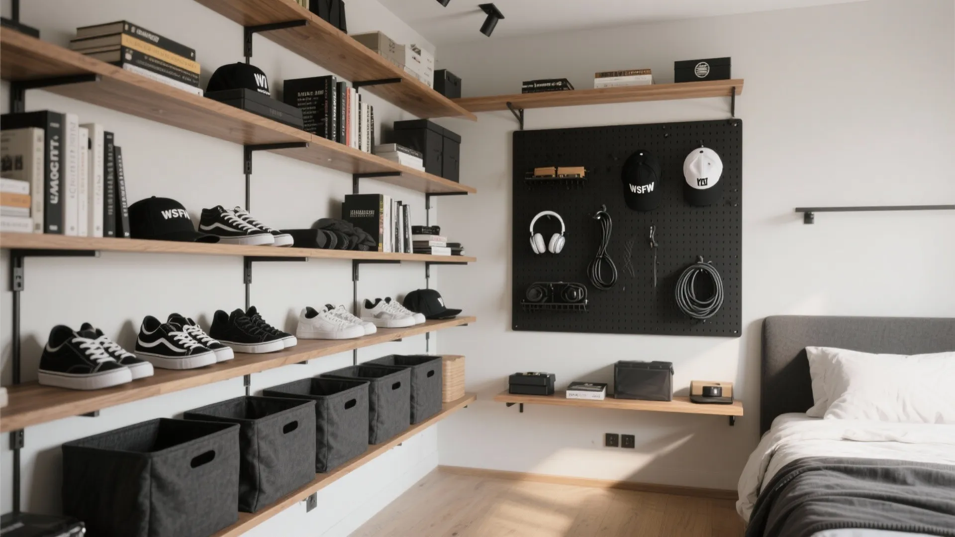 Go Vertical: Ceiling-High Shelves + Pegboard Wall