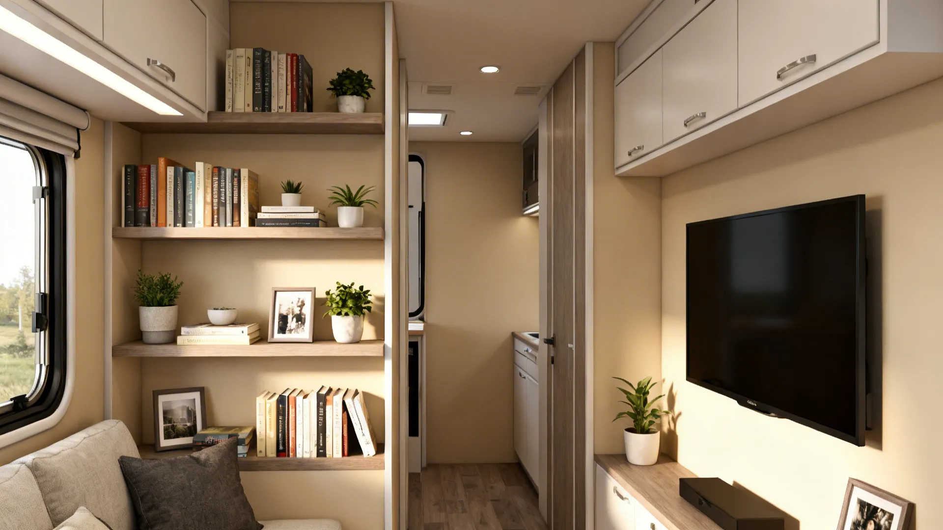 Tall slim shelving and floating units styled with books and plants in a mobile home.
