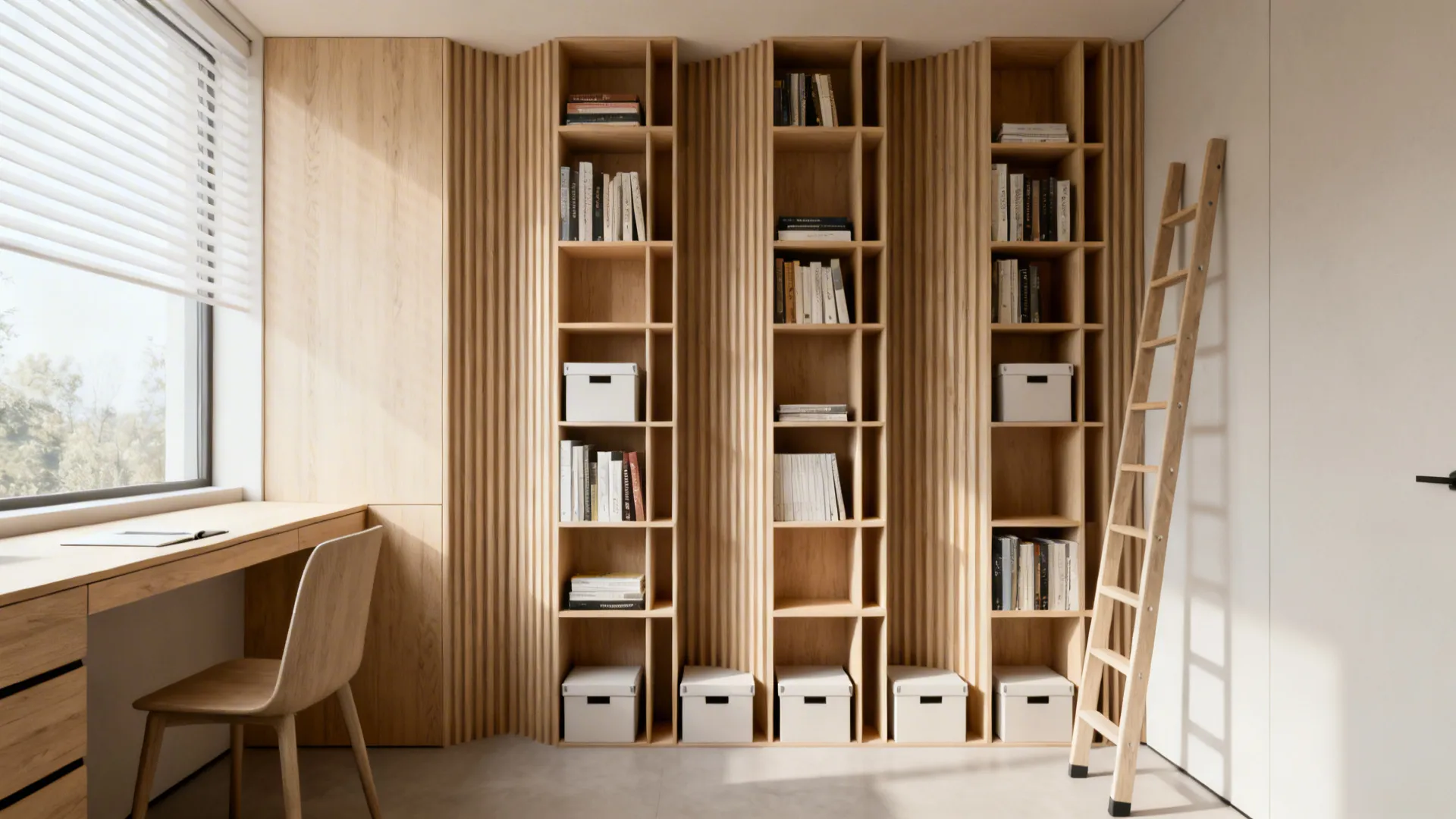 Staggered-depth vertical shelving with books and storage boxes in a small office.