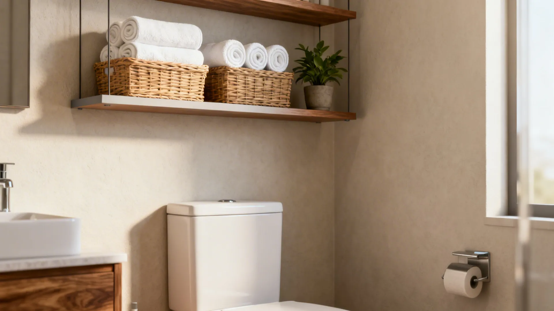 Narrow floating shelves above a toilet holding rolled towels and wicker baskets in a small bathroom.