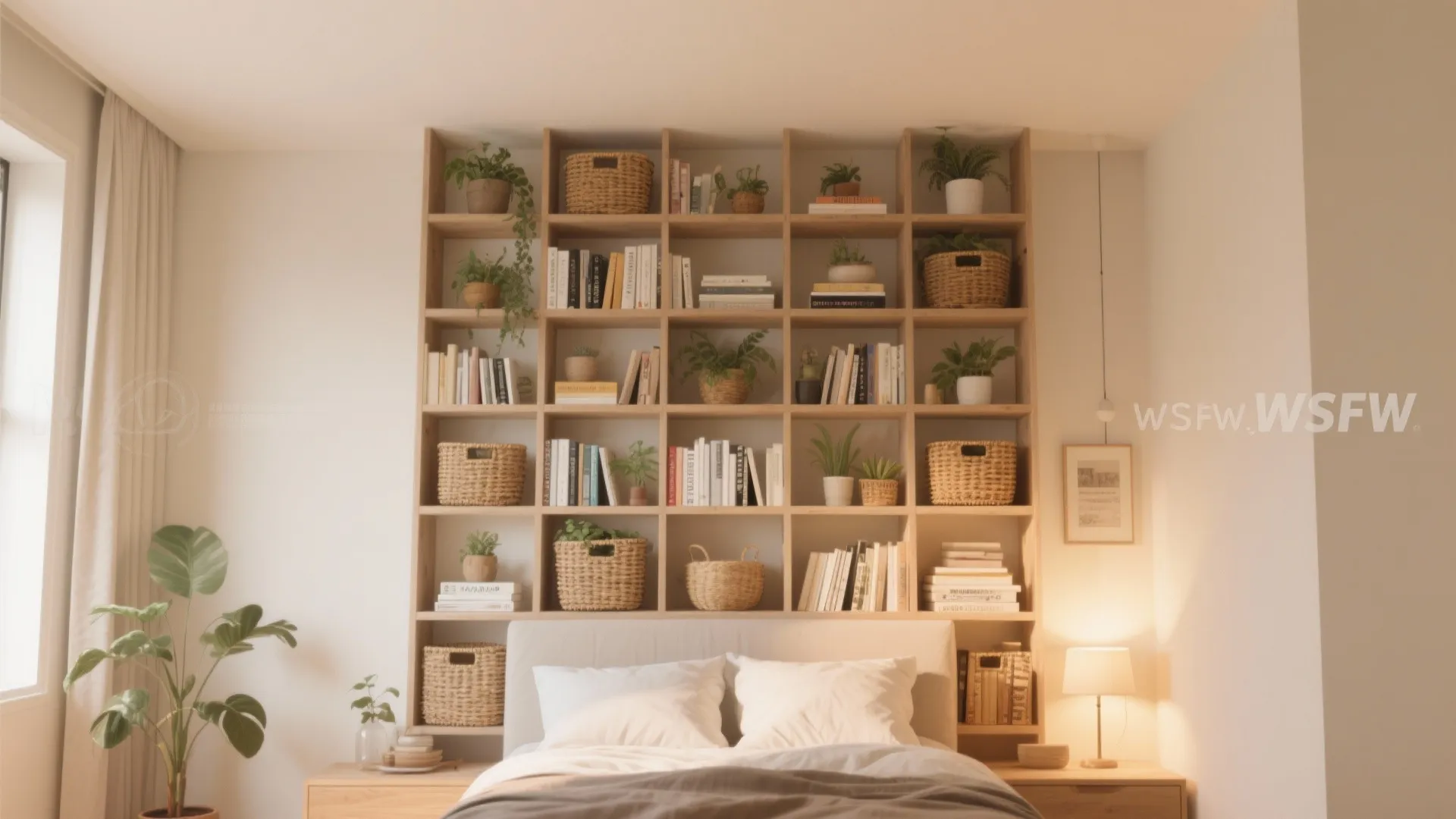 Large floor to ceiling wood bookshelf behind a bed with many books, baskets, and plants