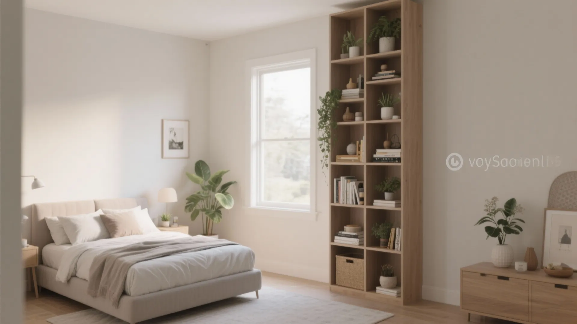 Bright bedroom featuring a tall wooden bookshelf with green plants and books next to window