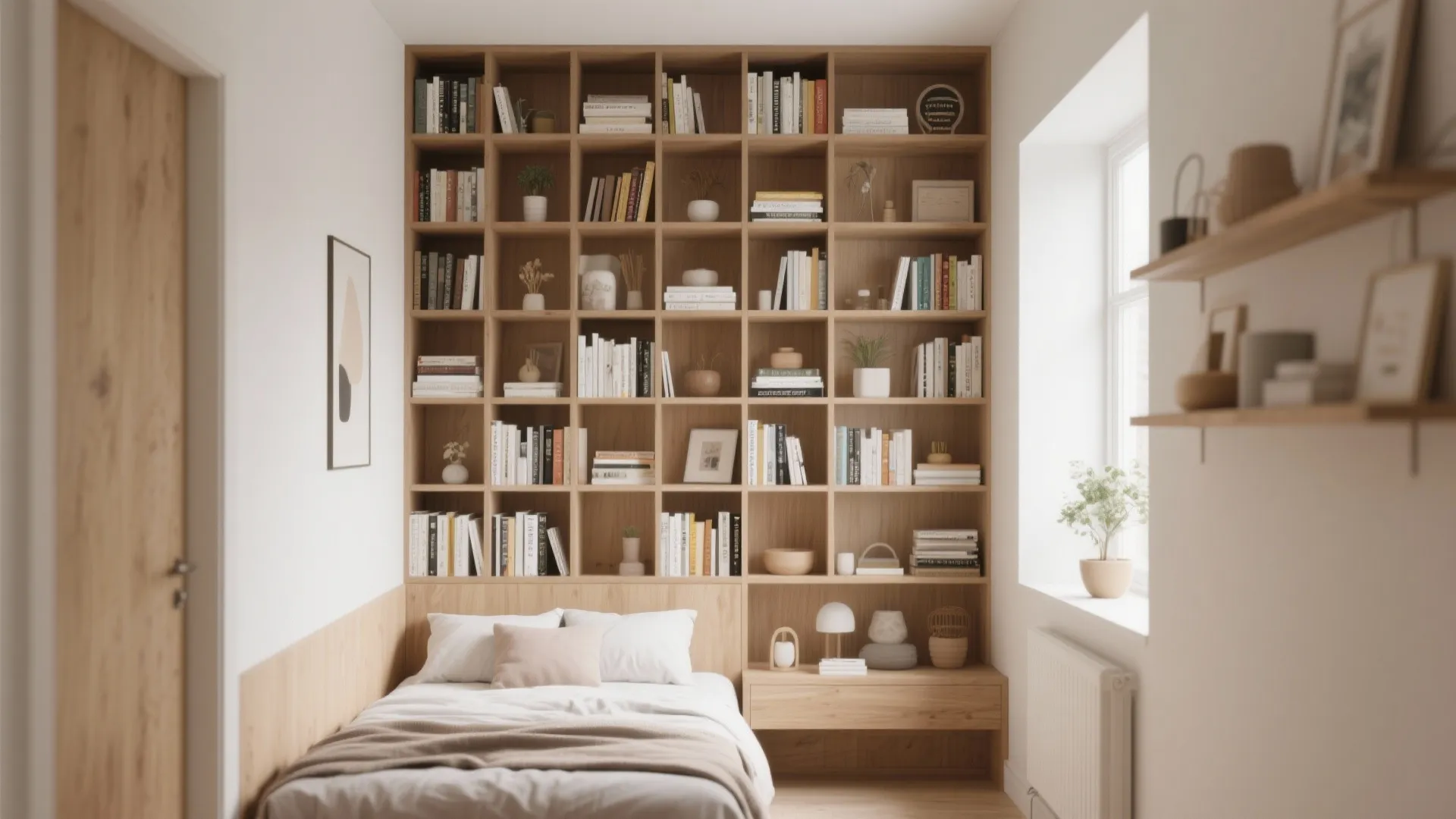 Small bedroom with tall shelving units to maximize vertical space