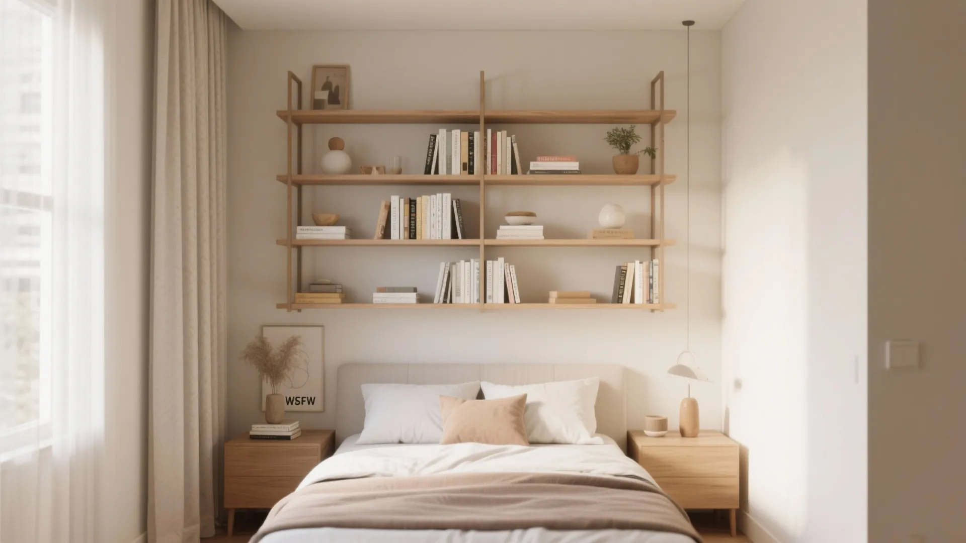 Minimalist bedroom design with open wooden wall shelves above the bed and two side tables