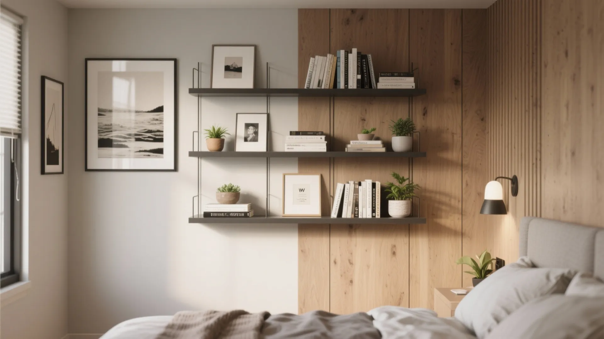 Wall mounted black shelves holding books and plants against a wood and white wall background