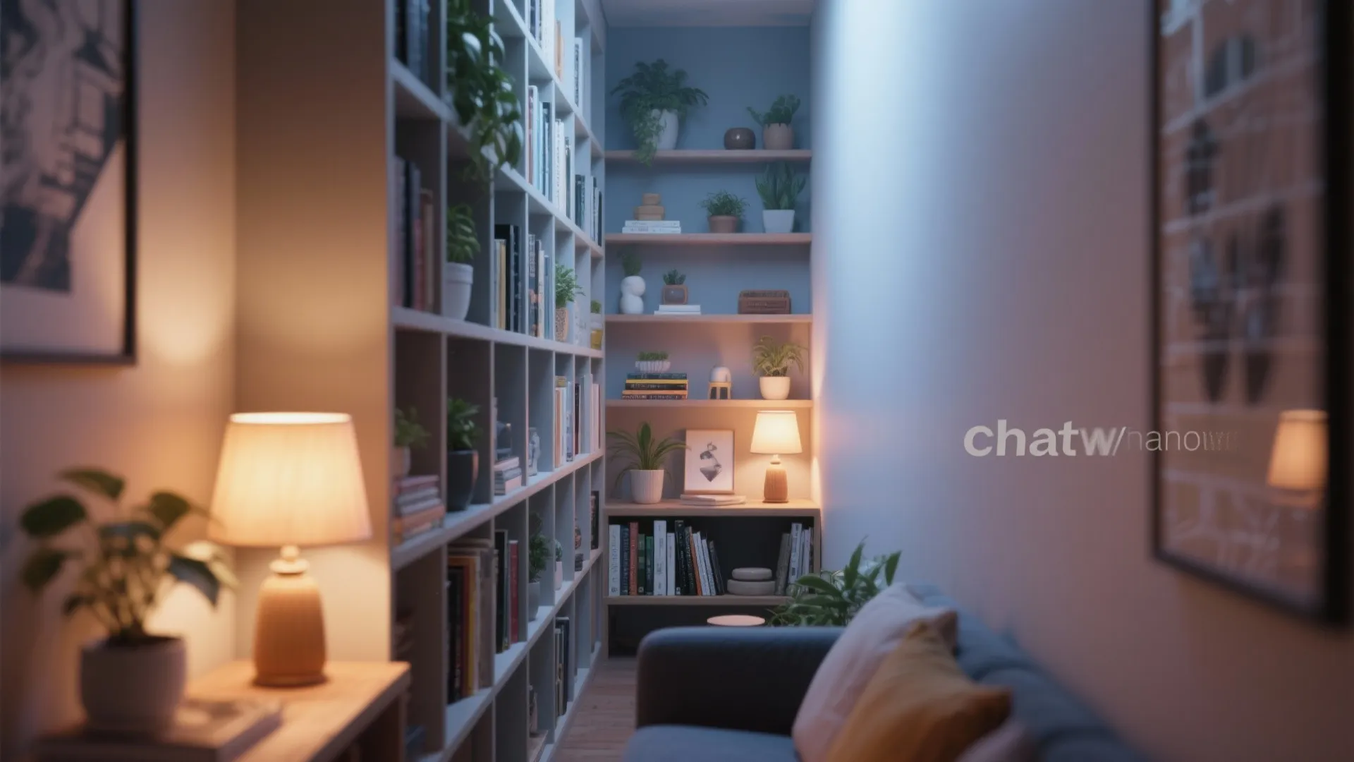 Narrow library room with floor to ceiling white bookshelves small sofa and warm table lights
