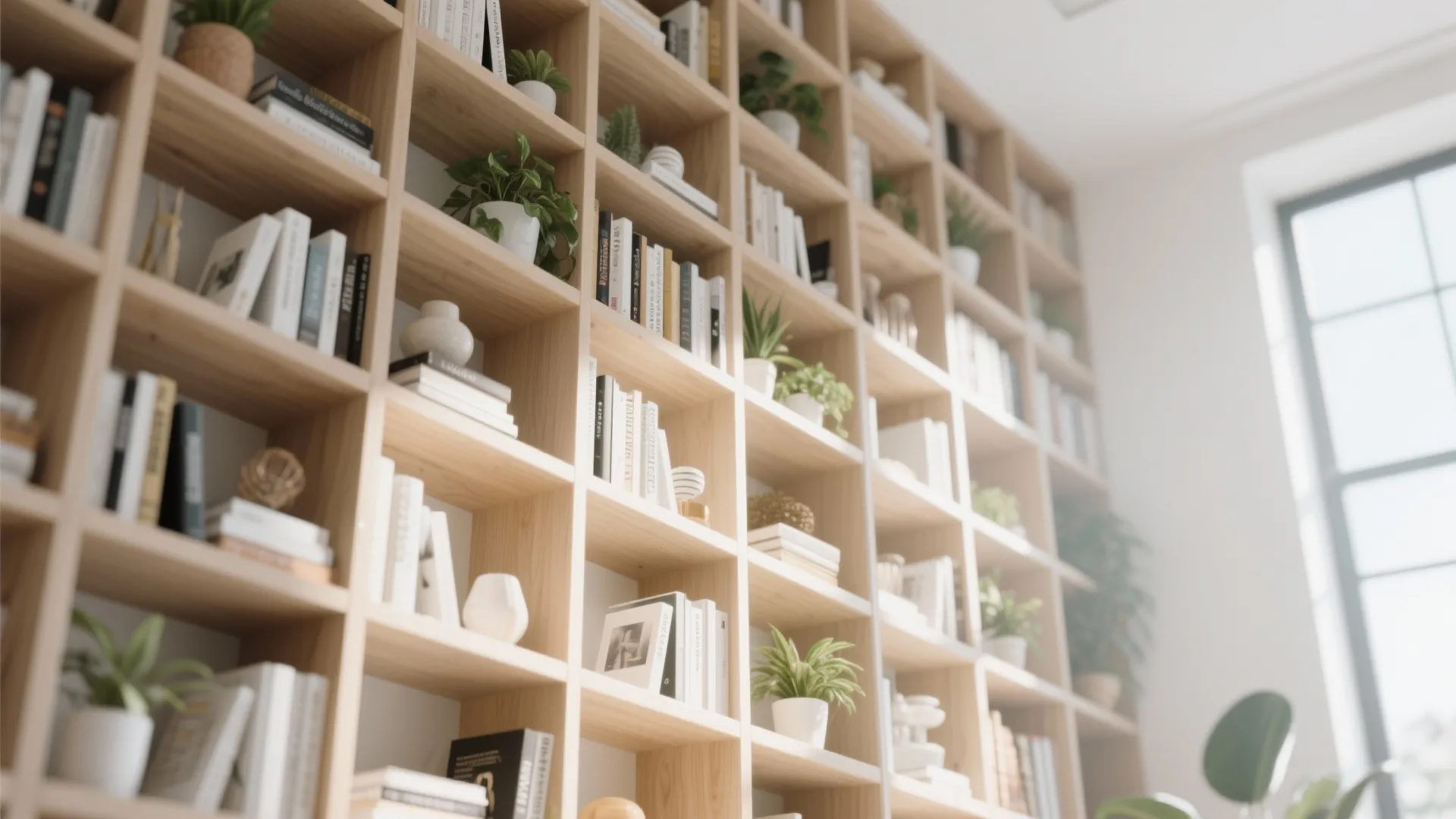 Detail of tall shelves with books and plants