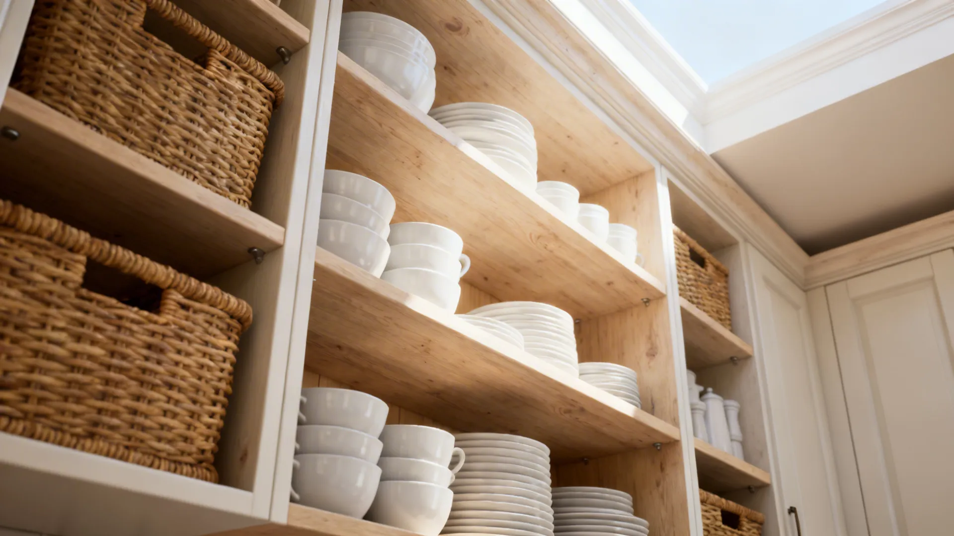 Open shelves with uniform dishware and woven baskets in a small mobile kitchen.