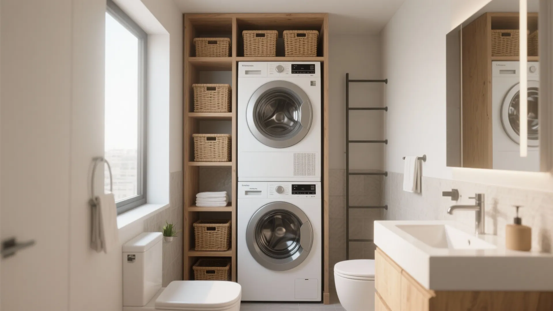 Stacked washing machine and dryer inside wooden cabinet with storage baskets in a bright bathroom