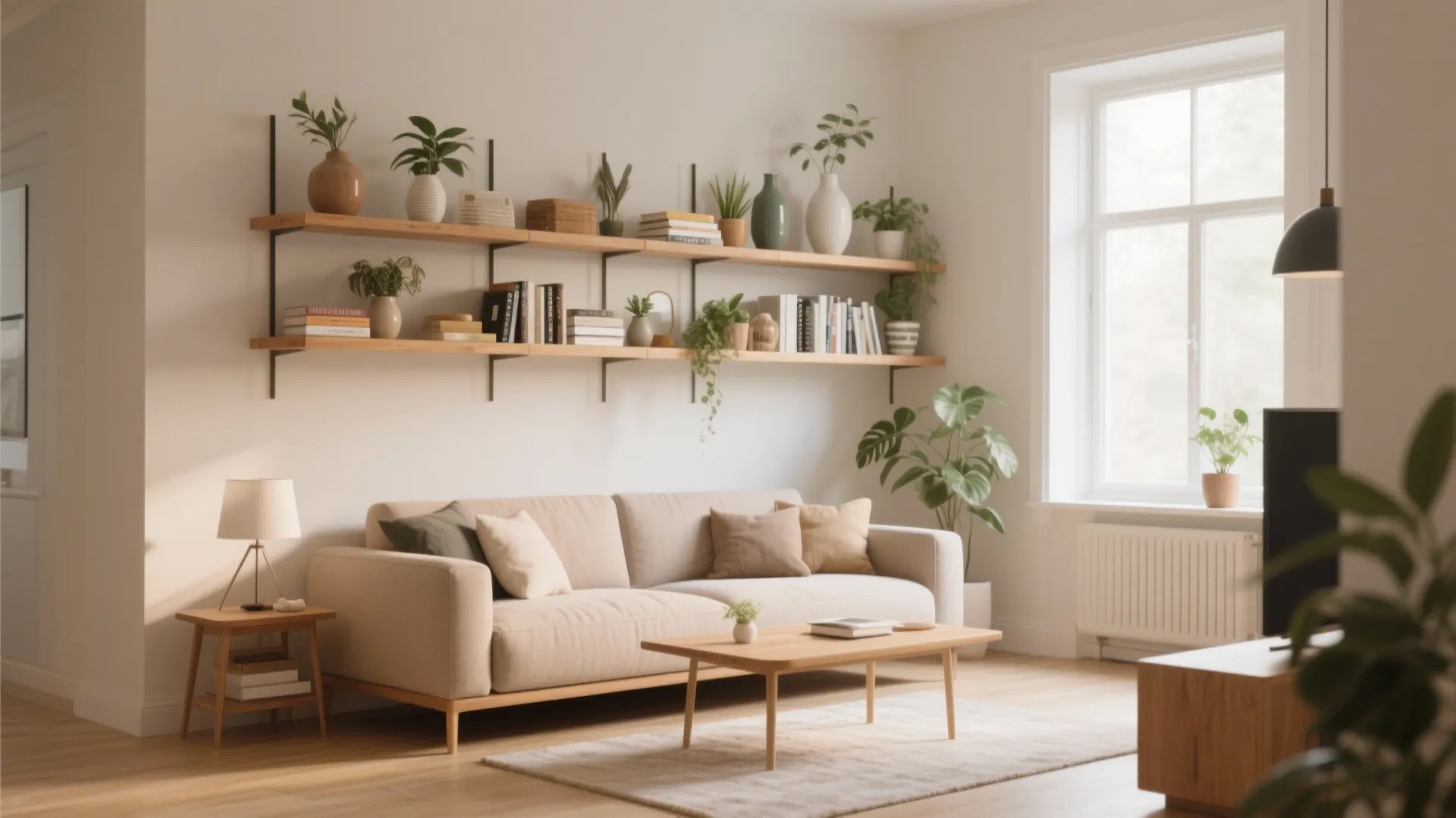 Beige sofa in a living room with wooden coffee table and long wall shelves books