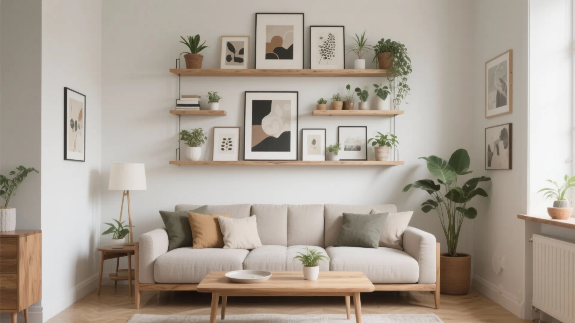 Modern living room with cream sofa wooden coffee table and wall shelves holding many potted plants