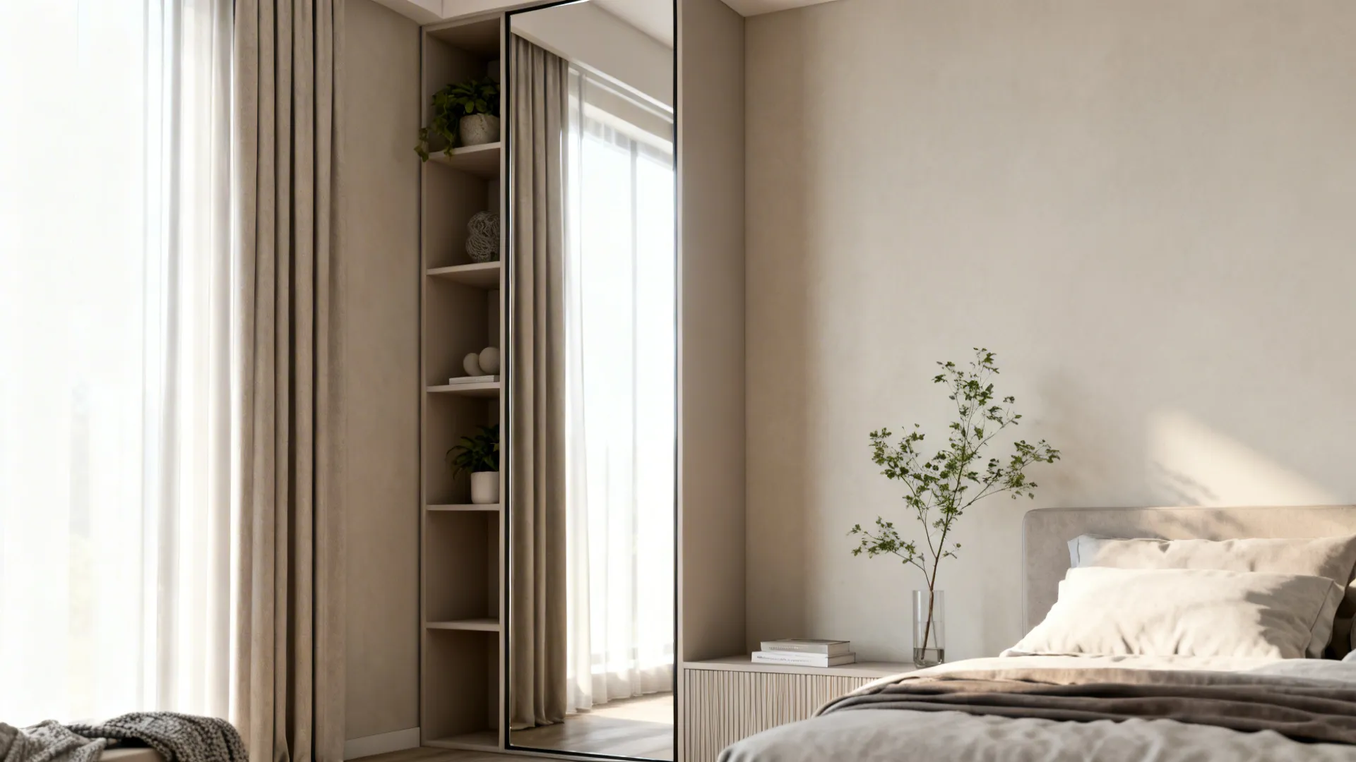 Bedroom with floor-to-ceiling shelving and a vertical mirror creating visual height and airy feel.