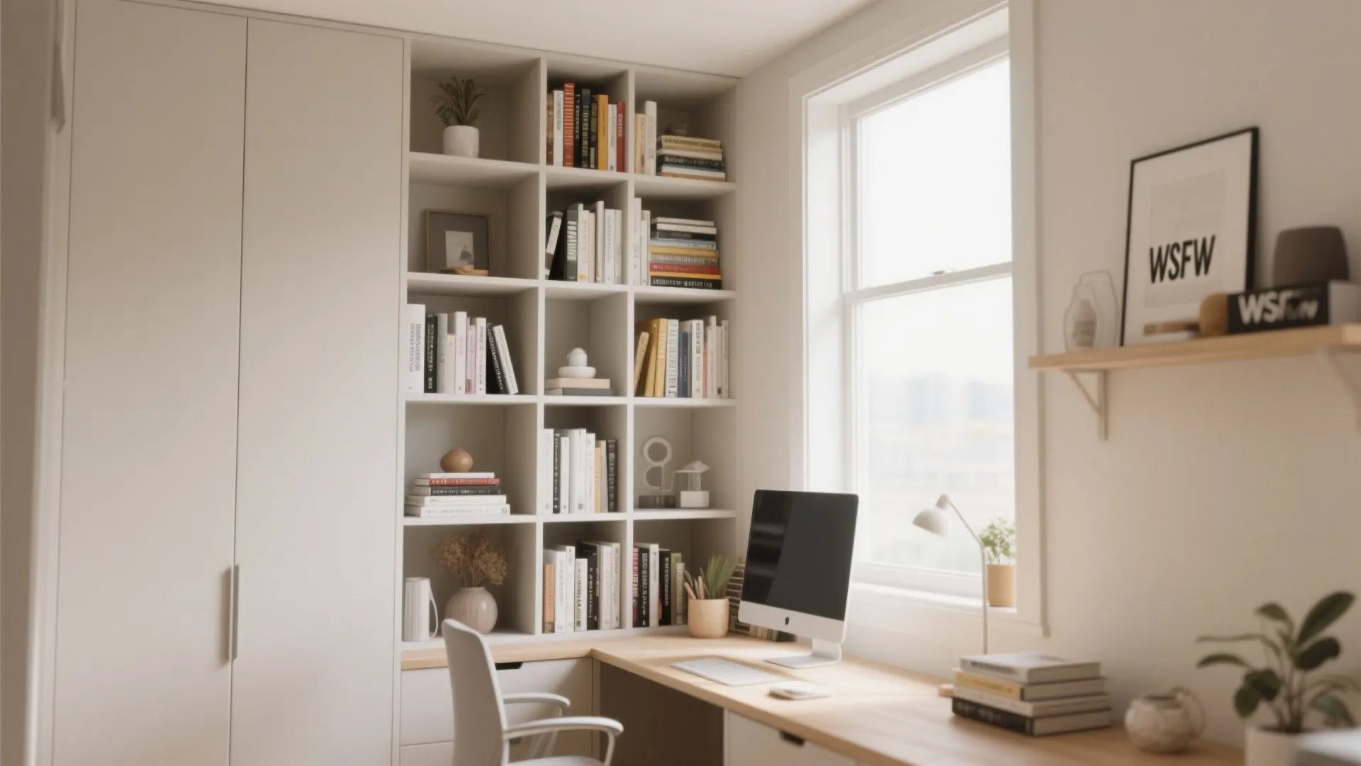 Home office interior with floor to ceiling bookshelves wooden desk computer chair and natural light