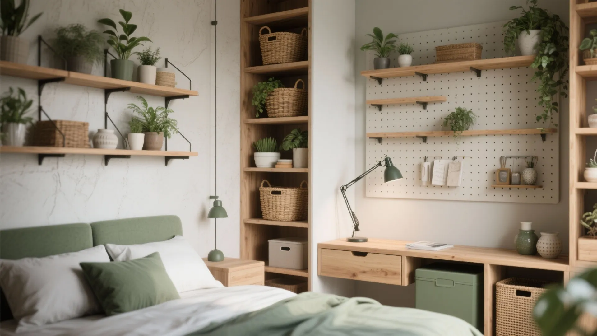 Modern bedroom work space with wooden wall shelves green plants desk lamp and white peg board