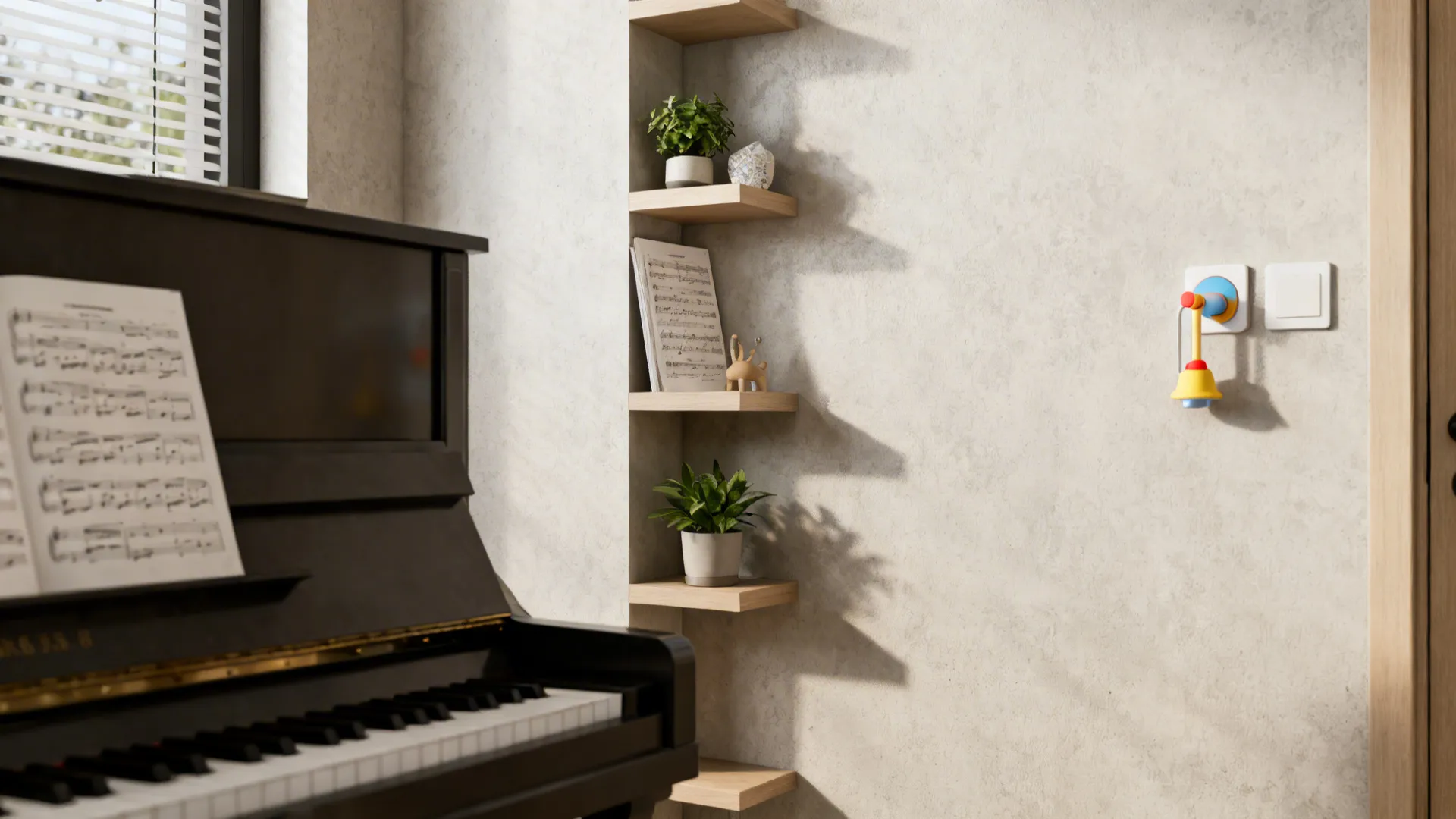 Narrow vertical floating shelves beside a piano holding sheet music and small plants.