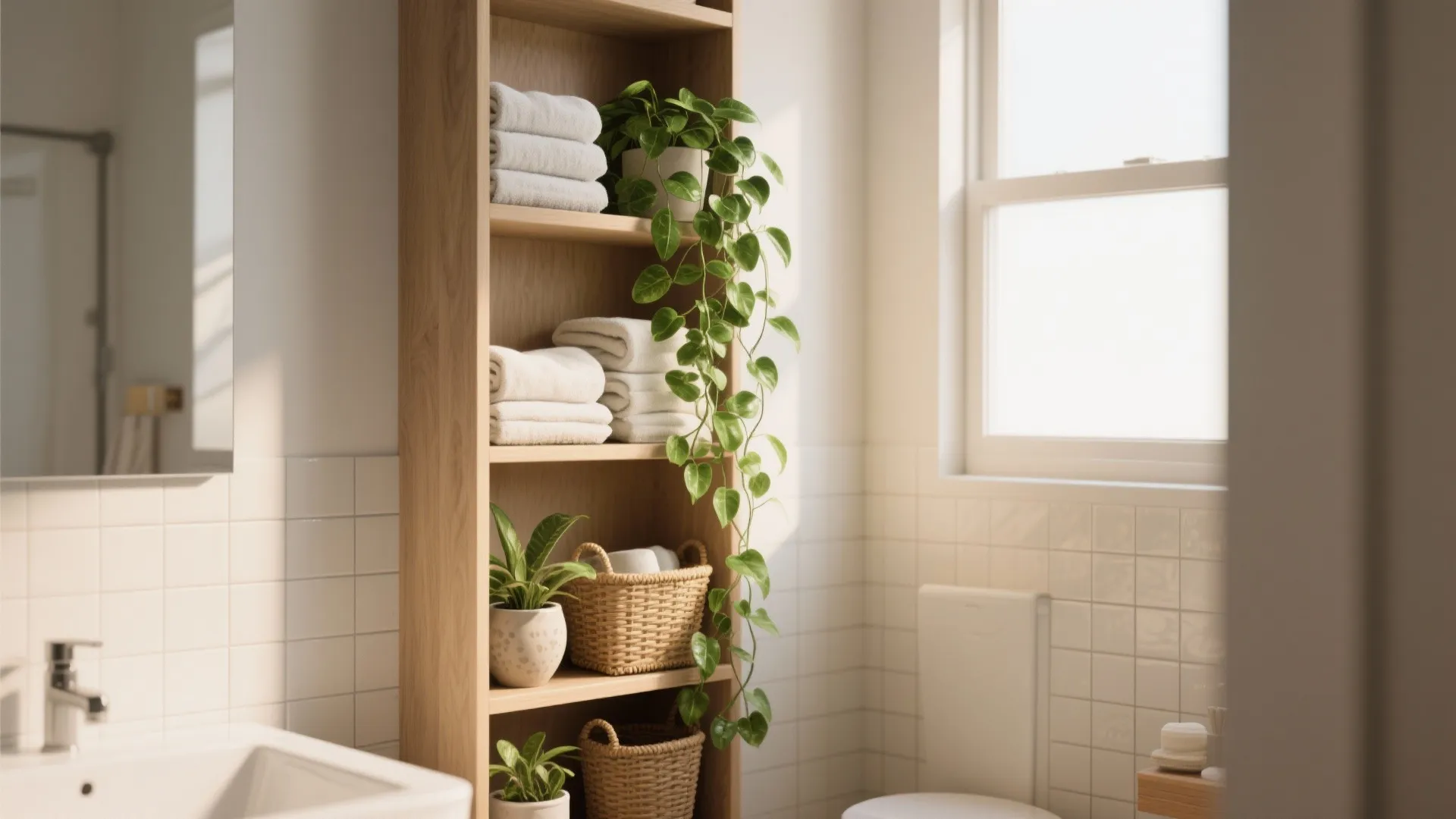 1. Vertical Storage Shelves with Plants