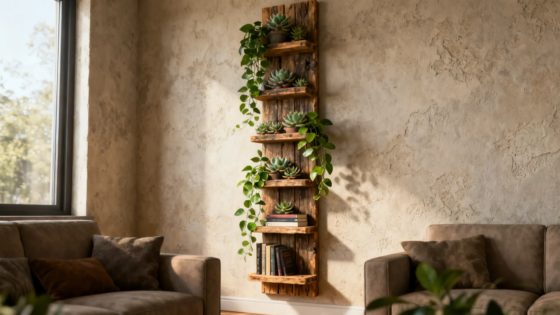 Staggered floating wood shelves with succulents and trailing plants creating a vertical garden effect.