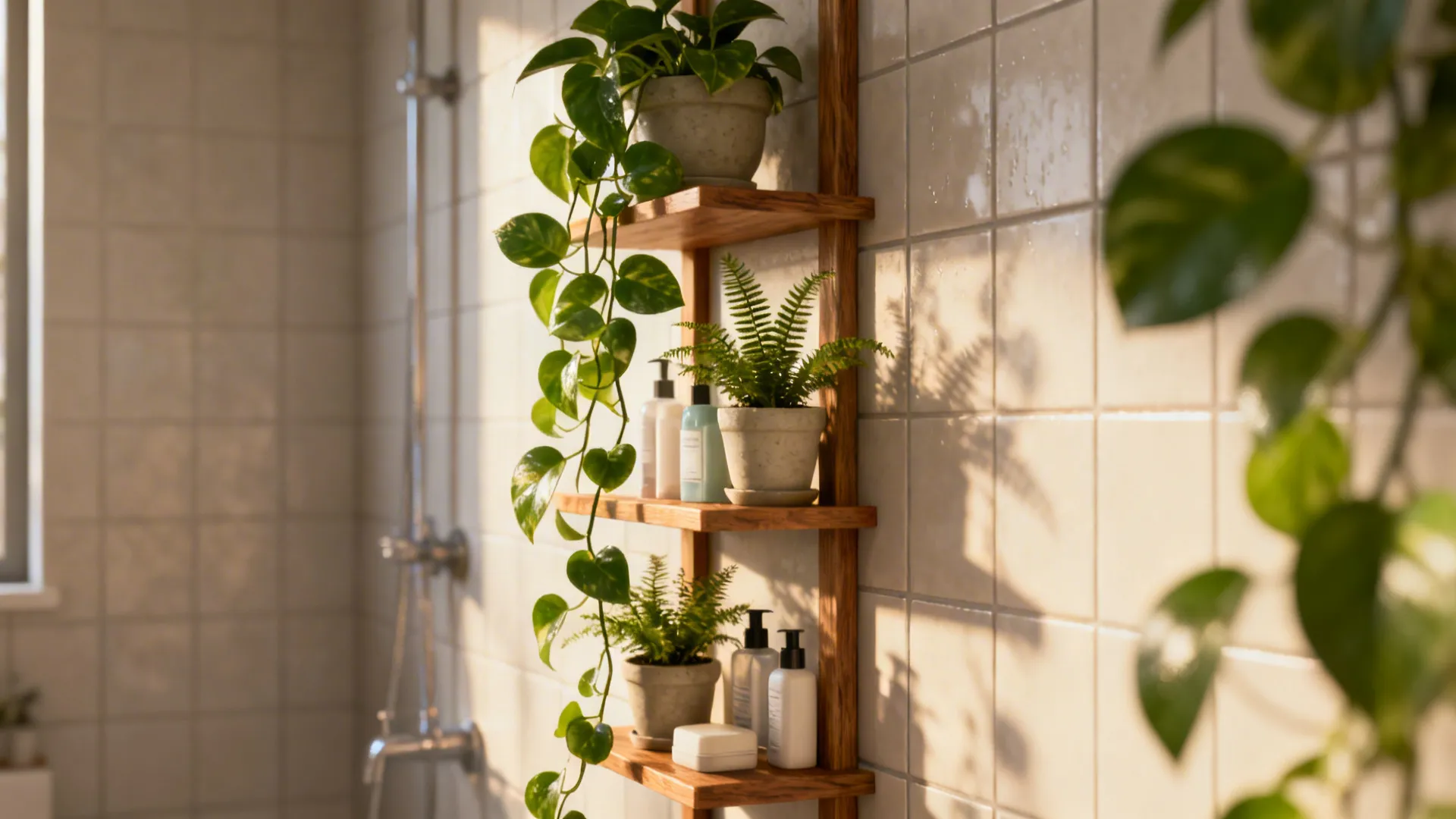 Narrow wooden vertical shelves with pothos and ferns in a small bathroom.