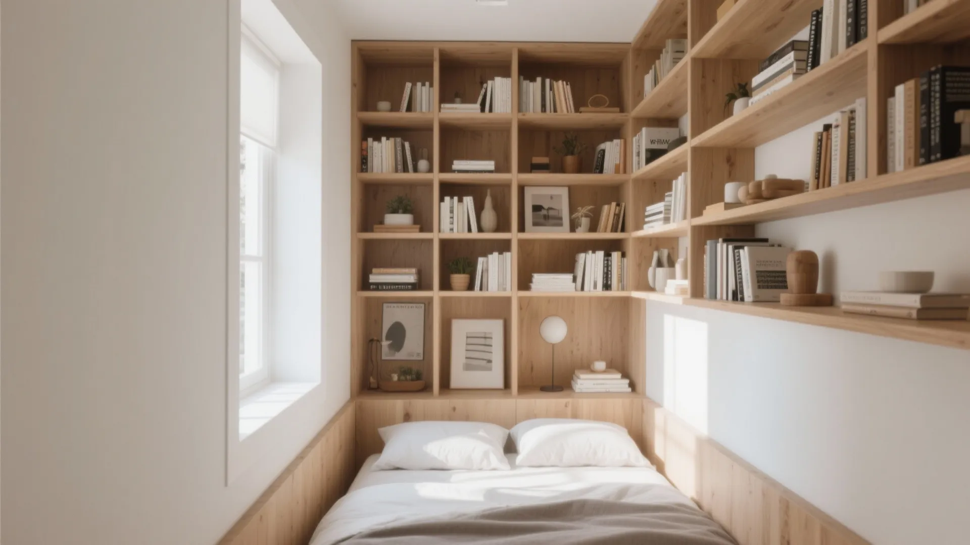 Small bedroom with tall vertical shelving to maximize space