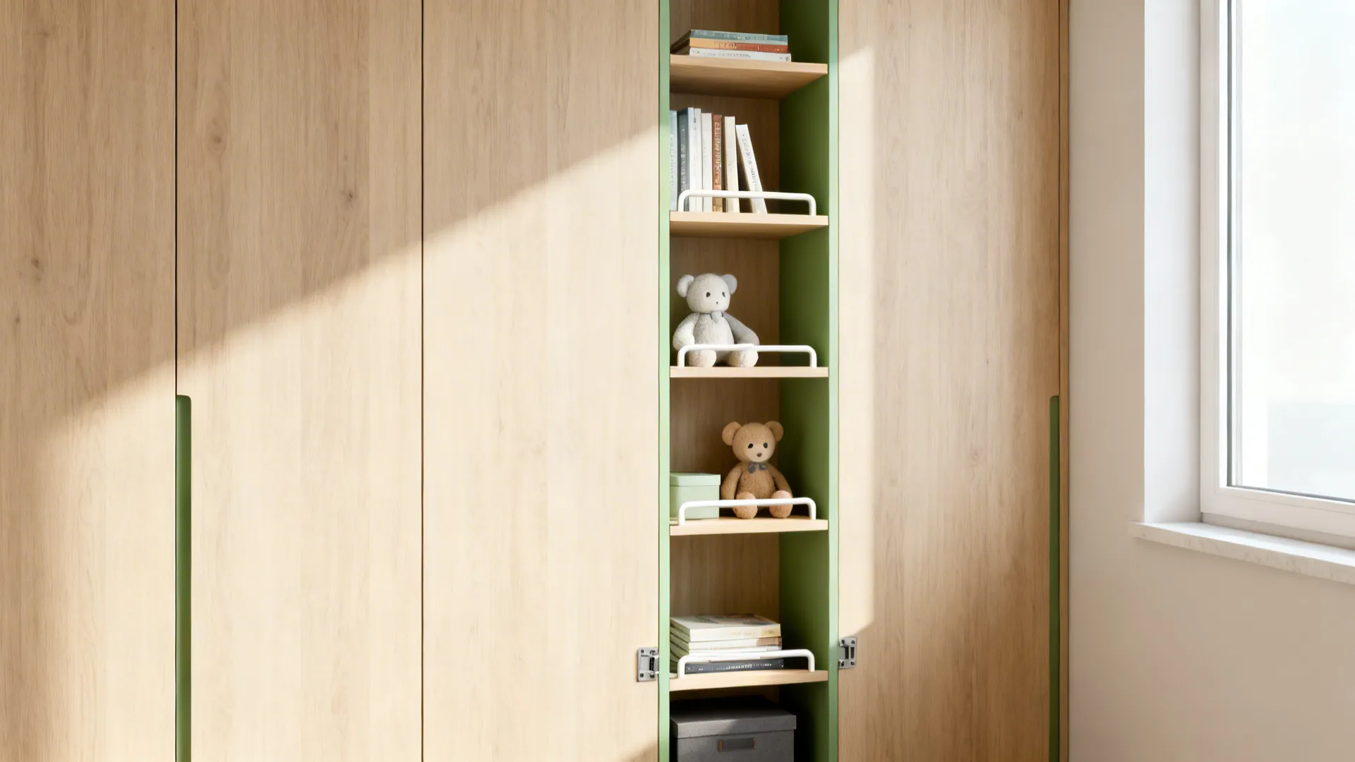 Slim vertical shelving with safety rails, books and soft toys arranged with heavy items on low shelves.