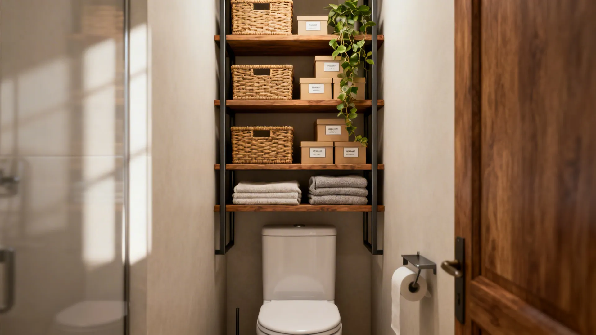 Staggered wood shelves above a toilet holding woven baskets, towels and a plant in a small bathroom
