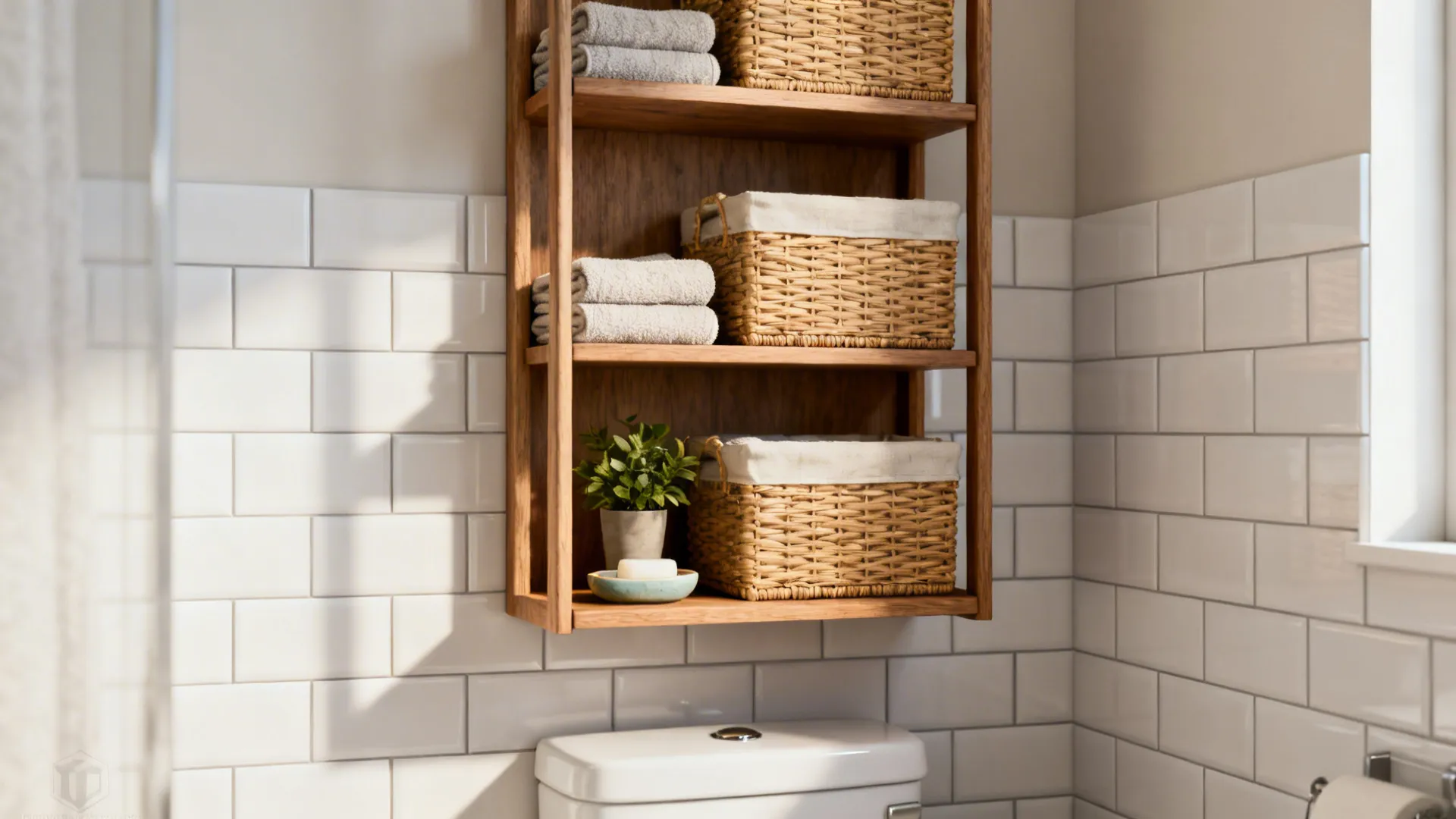 Vertical open wooden shelves above a toilet with matching baskets and towels.