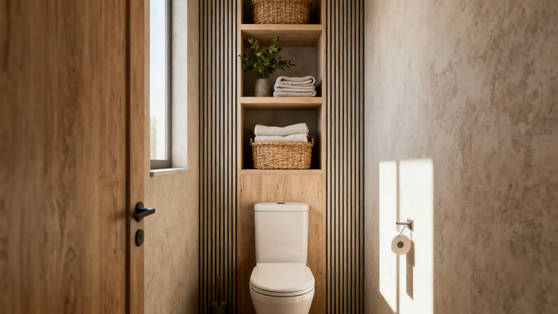 Slim vertical open shelves above a toilet with baskets and folded towels
