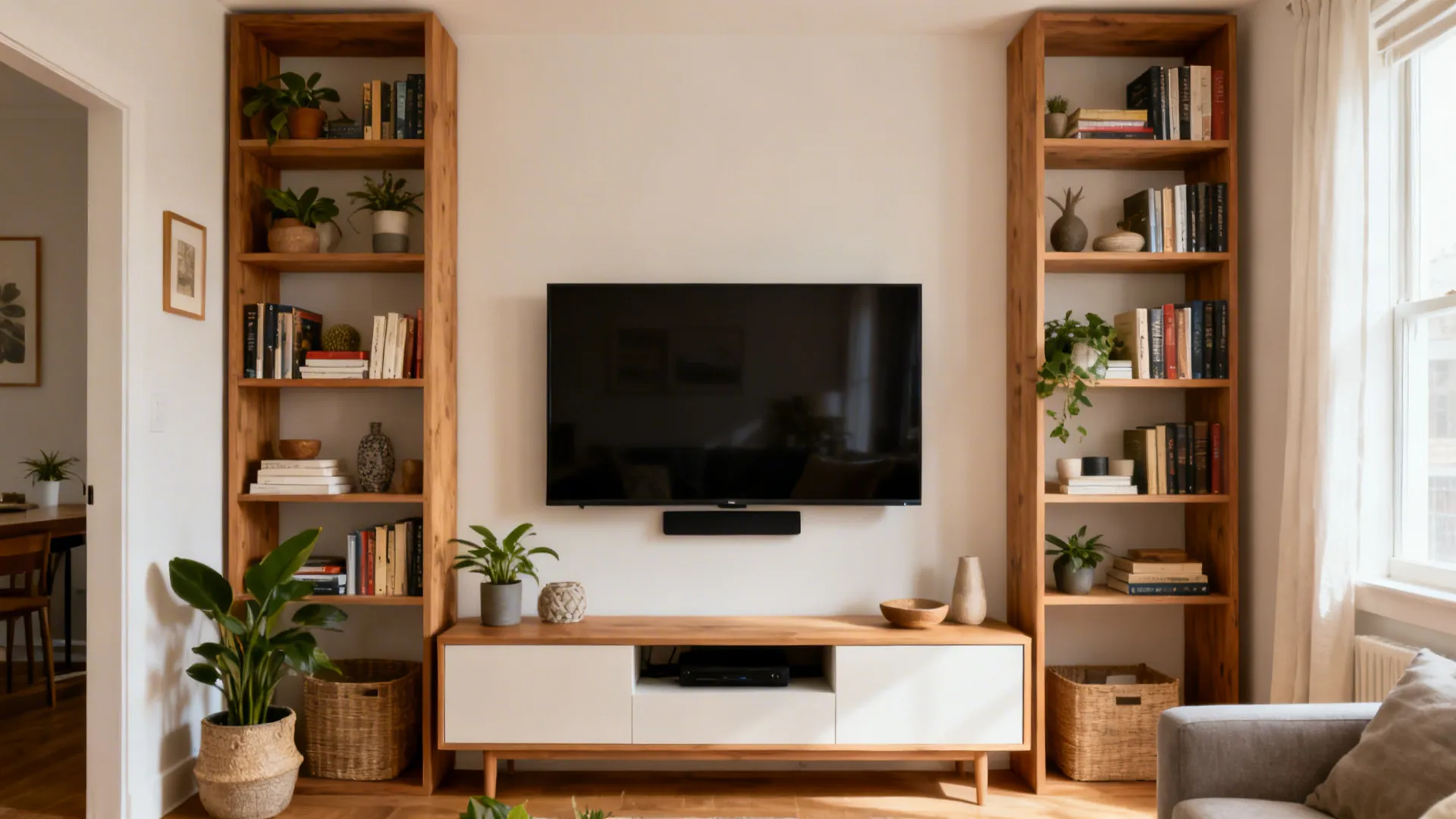 Vertical open shelving framing a wall-mounted TV with curated decor in a compact living room.