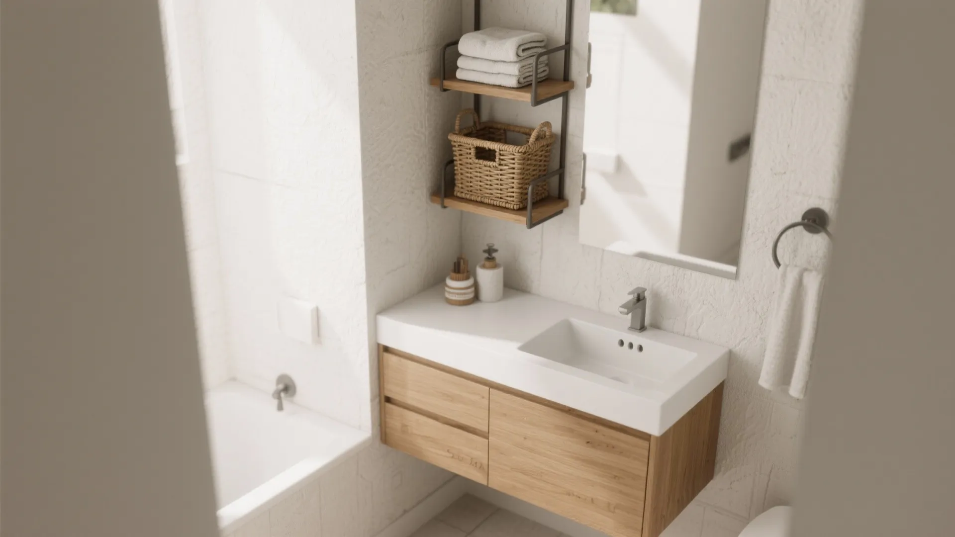 1. Go vertical with open shelving above the vanity