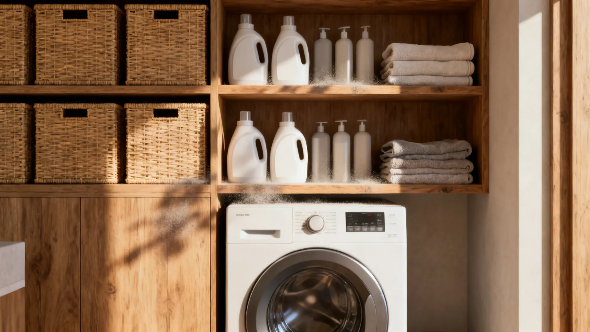 Vertical shelving above a washer with alternating closed bins and open shelves holding laundry supplies