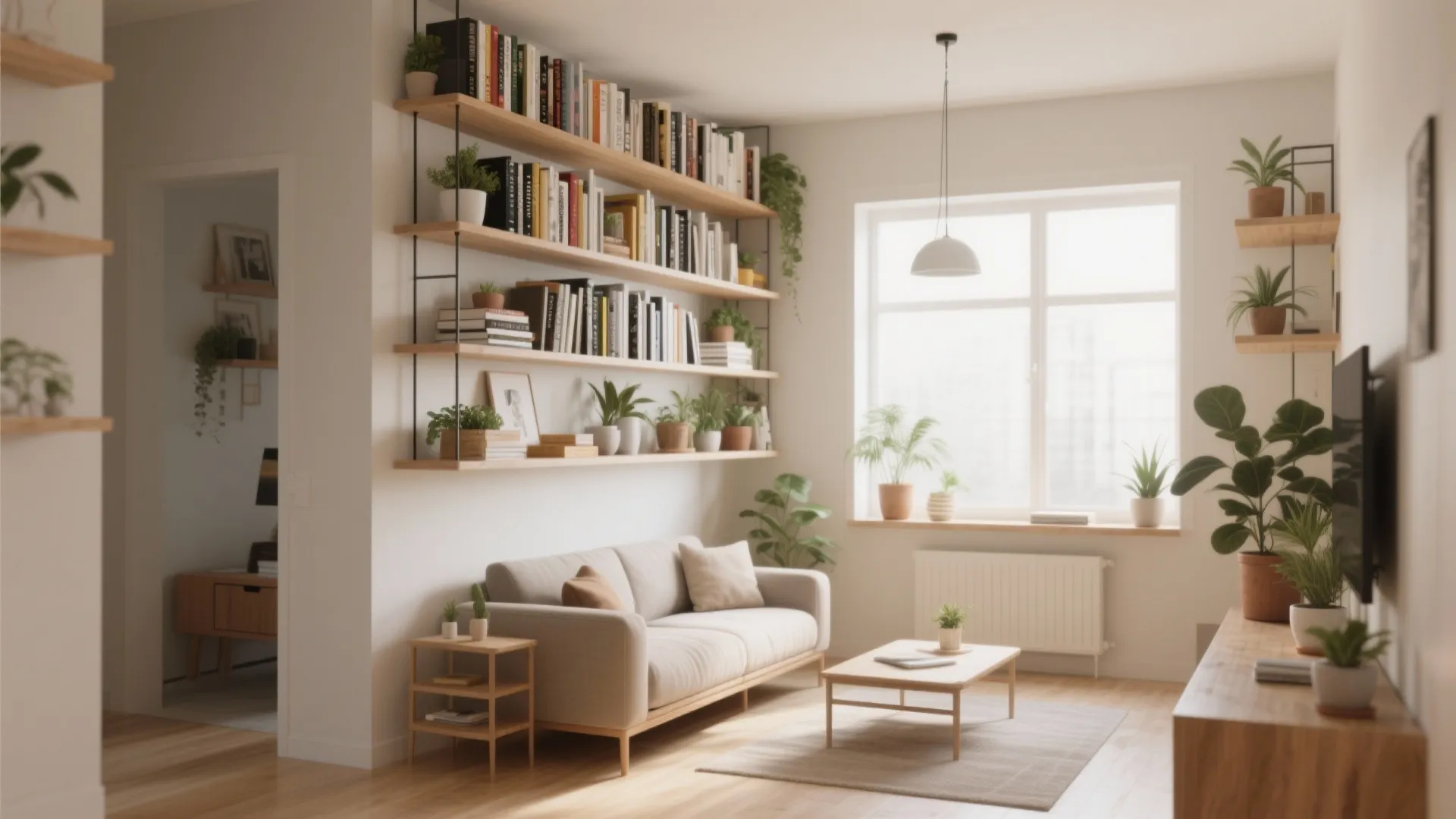 Floating shelves reaching near ceiling with books and plants