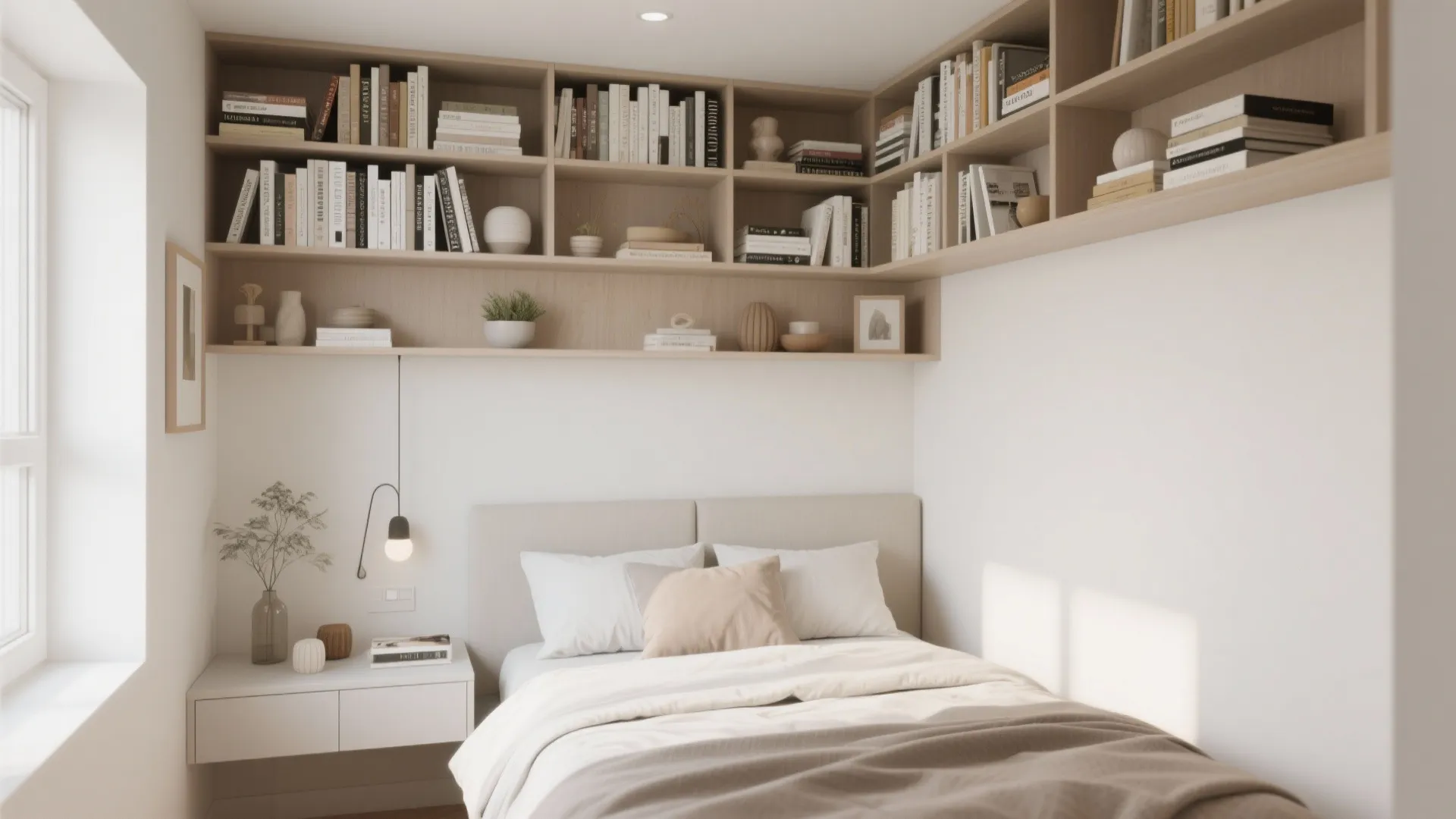 Modern bedroom featuring a built-in wall shelf filled with books above a white bedside table