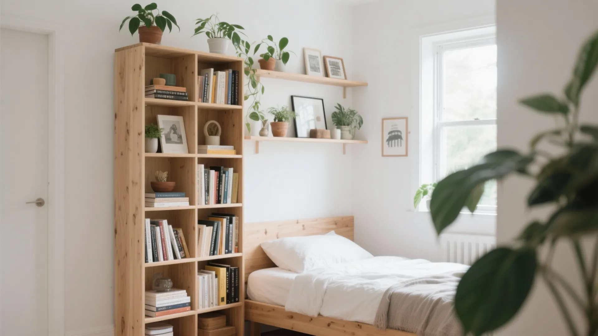 Minimalist white bedroom featuring tall wooden bookshelf single bed green plants and sunlight from window
