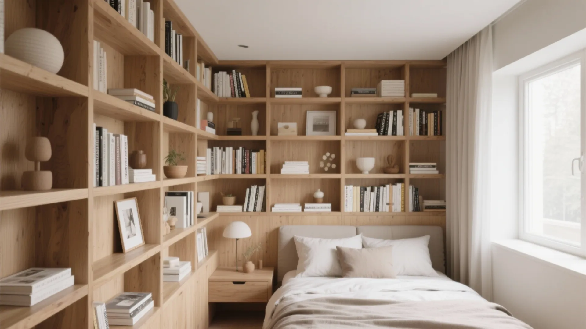Small bedroom interior design with large wood bookshelf bed bedside table white curtain and natural light