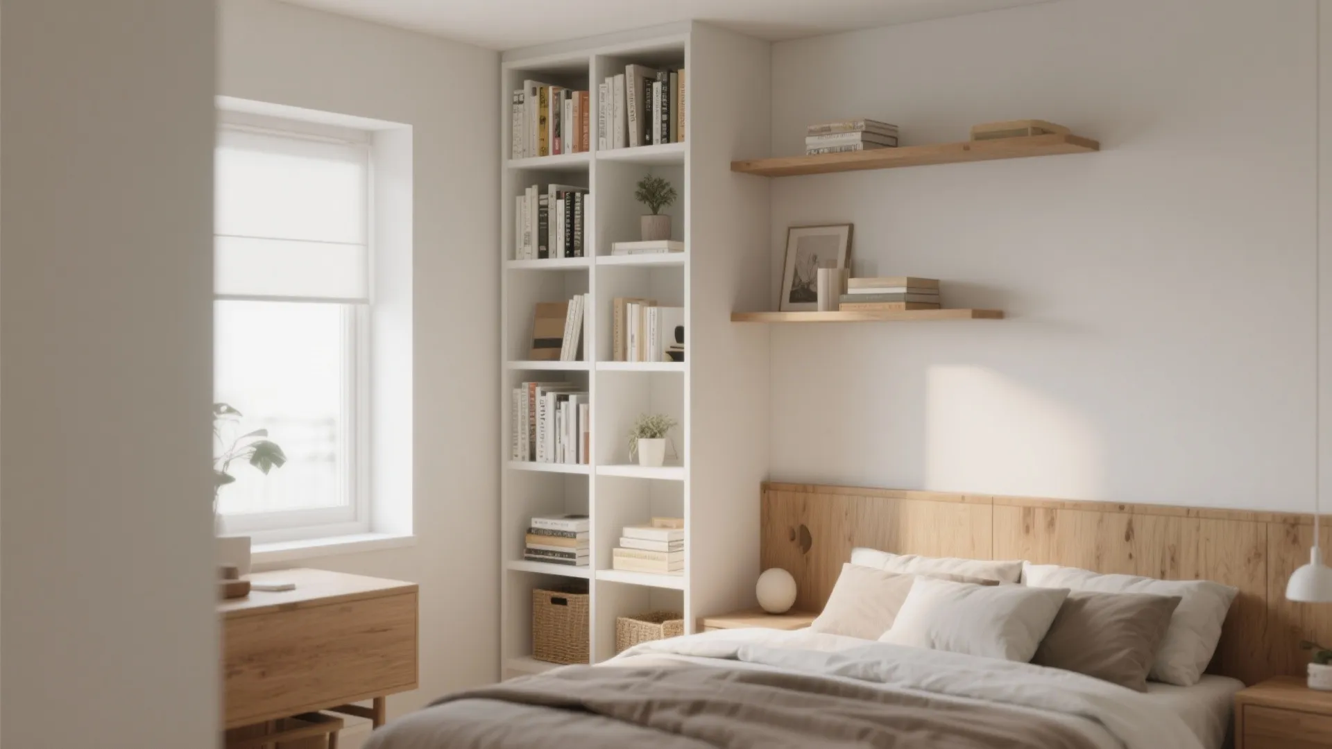 Bedroom featuring a tall white bookshelf filled with books next to a wooden wall headboard