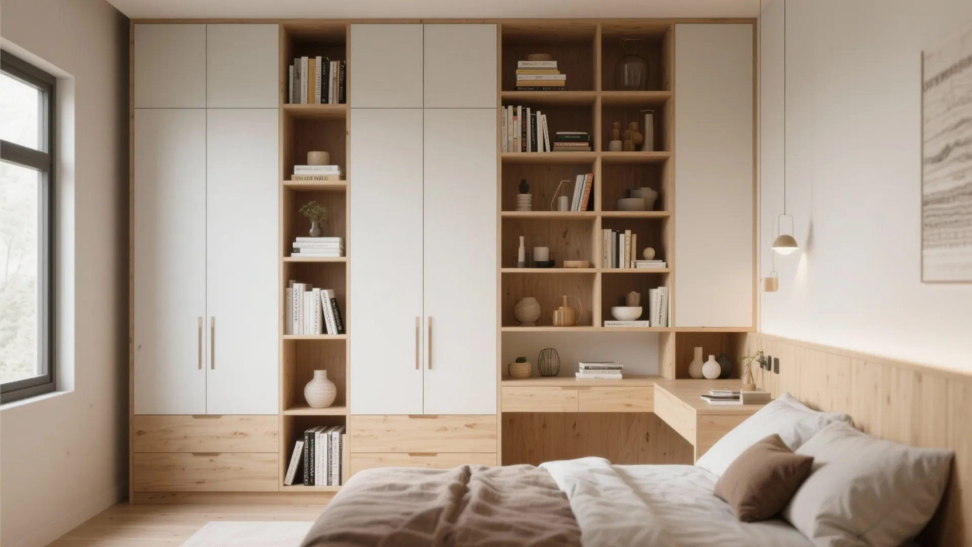 Modern bedroom with large floor to ceiling white wardrobe and wooden shelving unit for books
